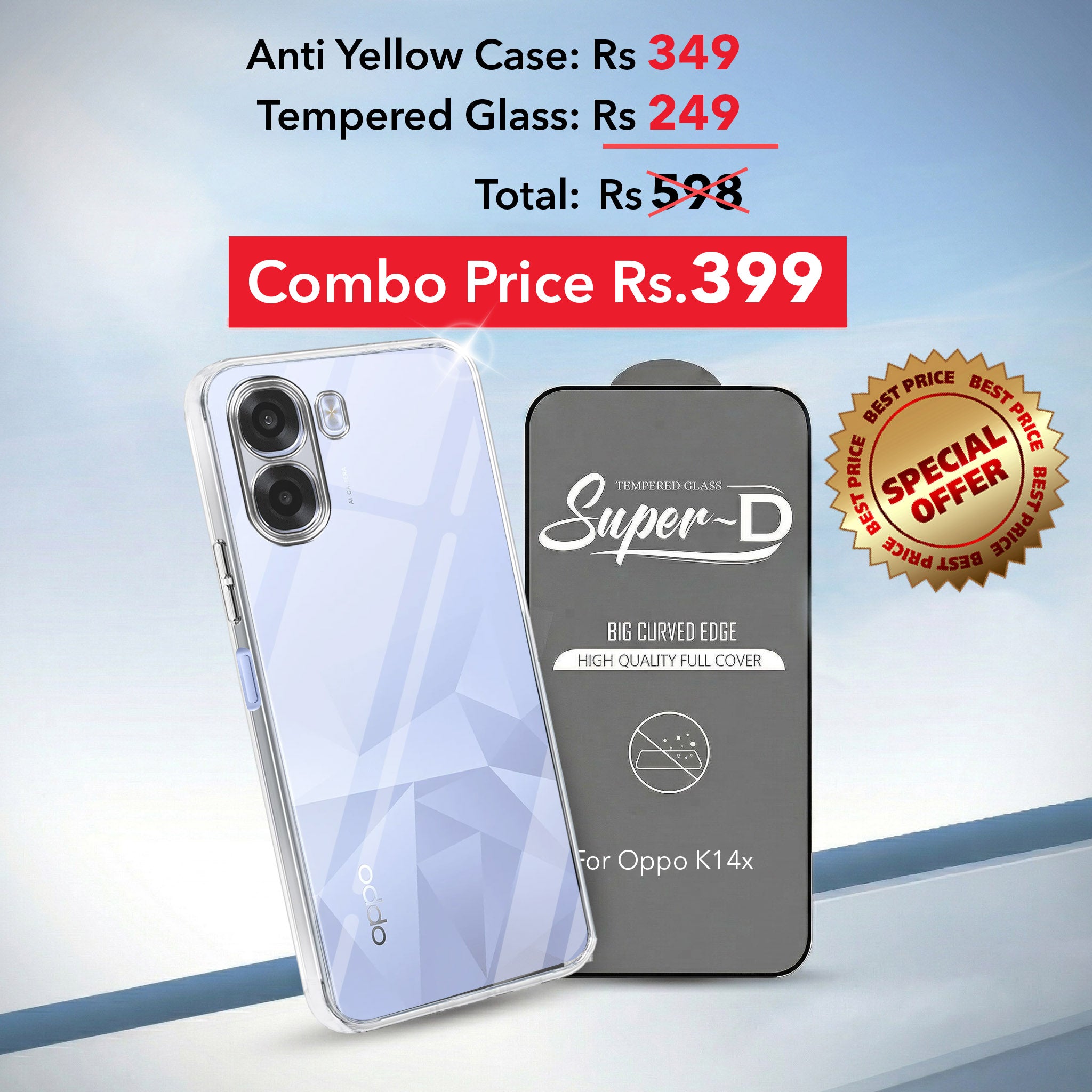 For Oppo K14x 5G Combo with Back Cover and 9H Tempered Glass (Lifetime Anti-Yellow | Sleek Hard Crystal | Oleophobic Coating Screen Glass)