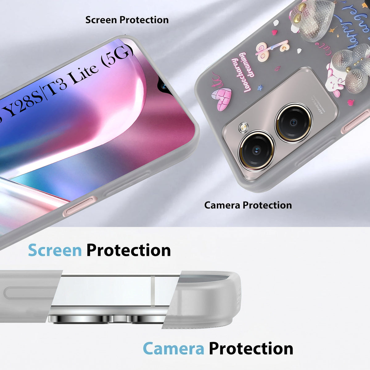 For Vivo Y28s 5G | Vivo T3 Lite 5G Back Cover Case (3D Cute Heart Strap Holder | Camera Protection | Designer Girls Print)