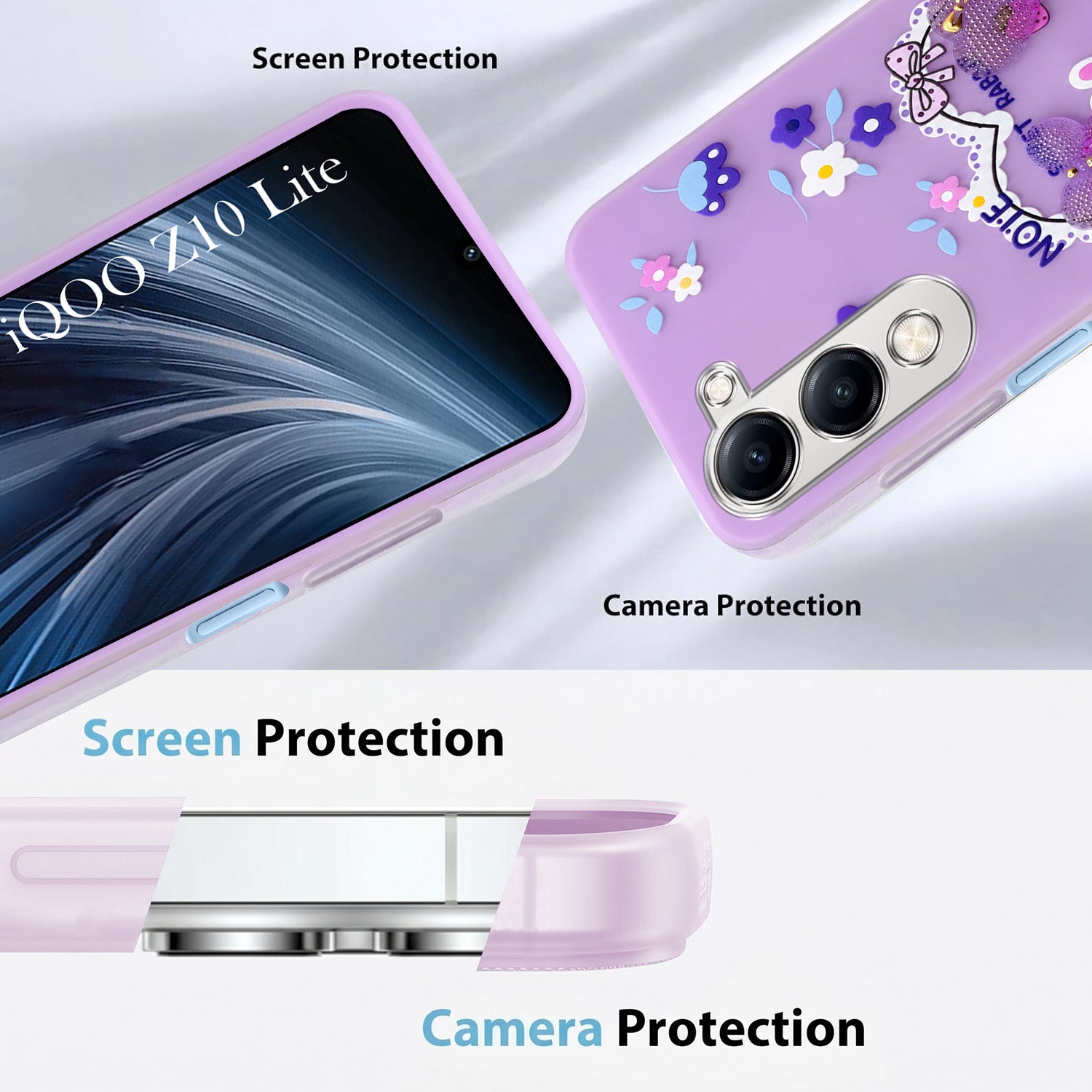 For Vivo iQOO Z10 Lite Back Cover Case (3D Cute Heart Strap Holder | Camera Protection | Designer Girls Print)