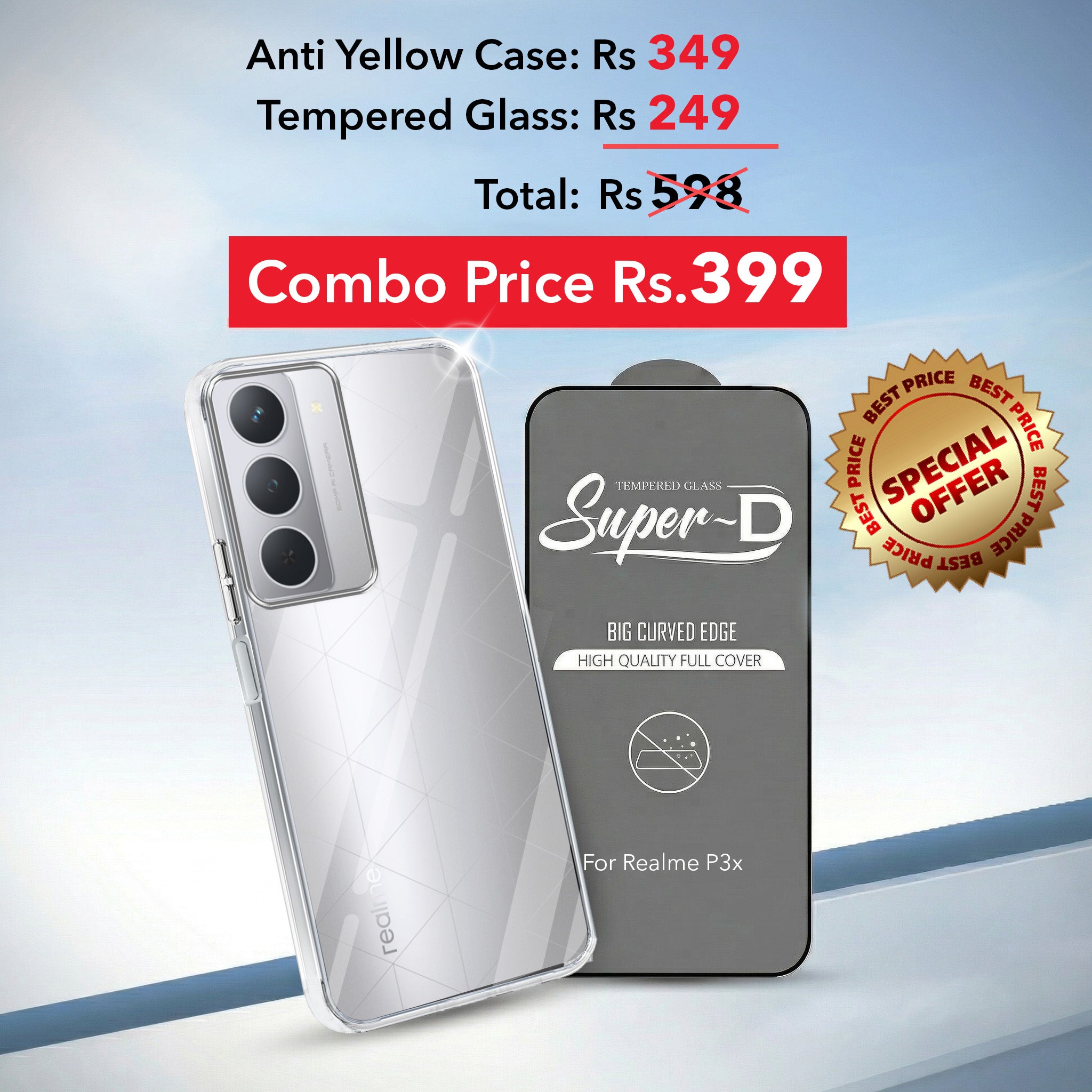 For Realme P3x Combo with Back Cover and 9H Tempered Glass (Lifetime Anti-Yellow | Sleek Hard Crystal | Oleophobic Coating Screen Glass)