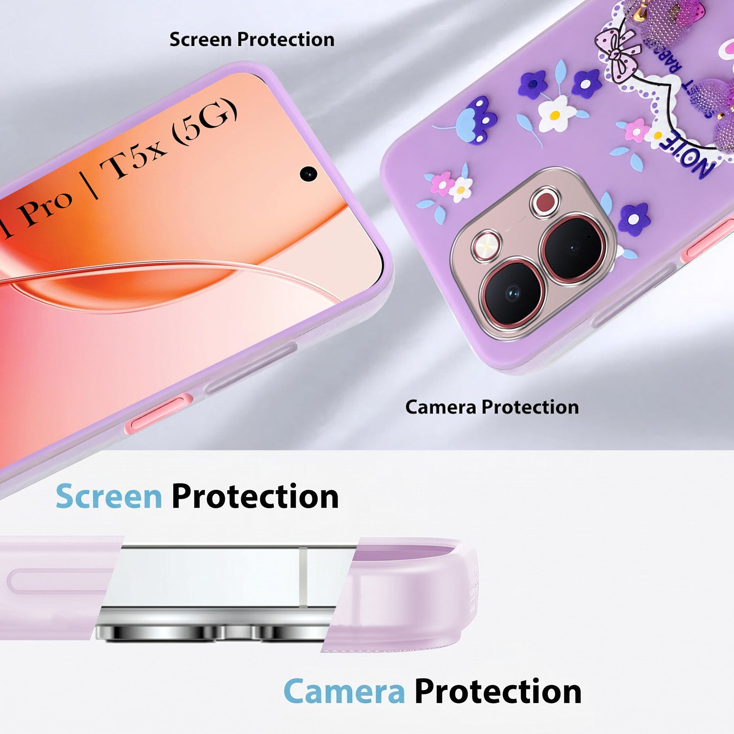 For Vivo Y51 Pro 5G | Vivo T5x Back Cover Case (3D Cute Heart Strap Holder | Camera Protection | Designer Girls Print)