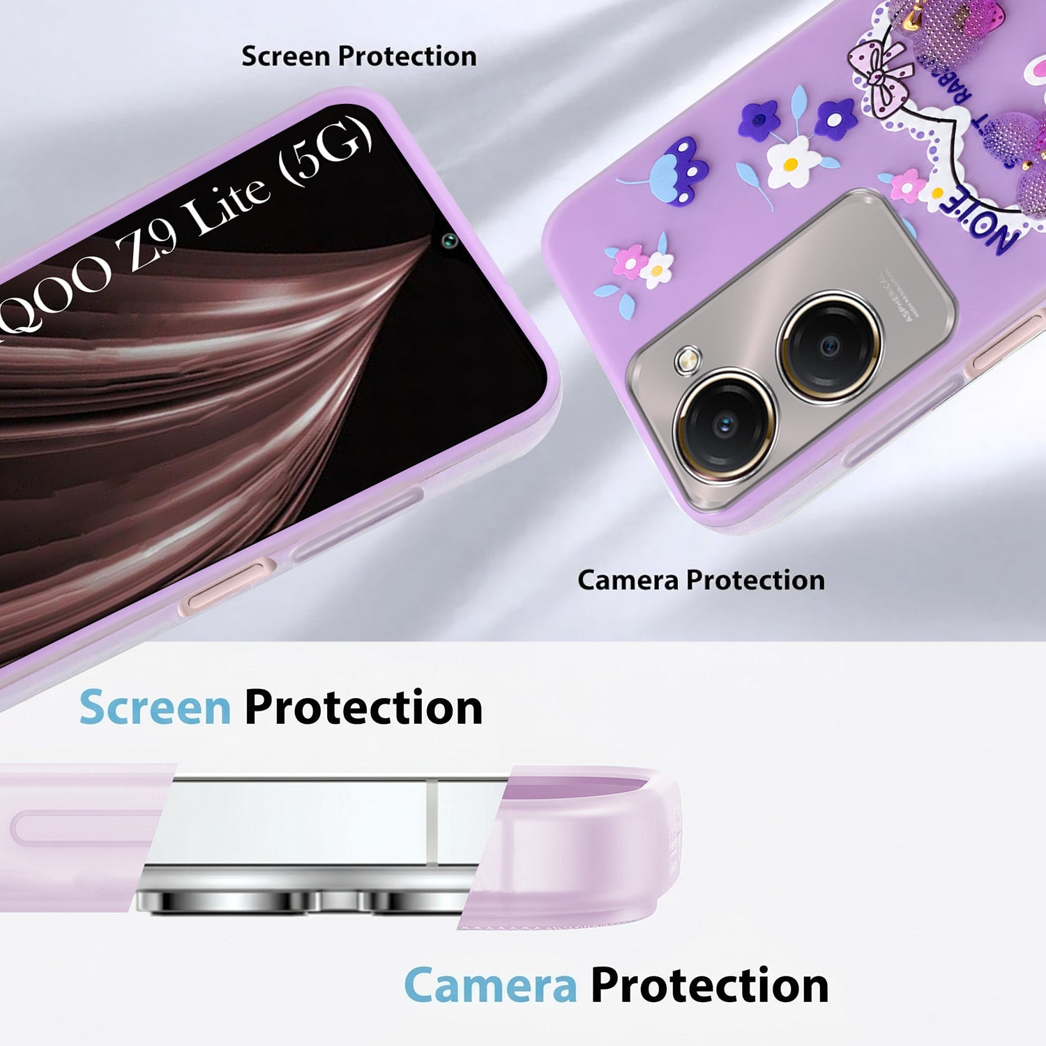For Vivo iQOO Z9 Lite 5G Back Cover Case (3D Cute Heart Strap Holder | Camera Protection | Designer Girls Print)