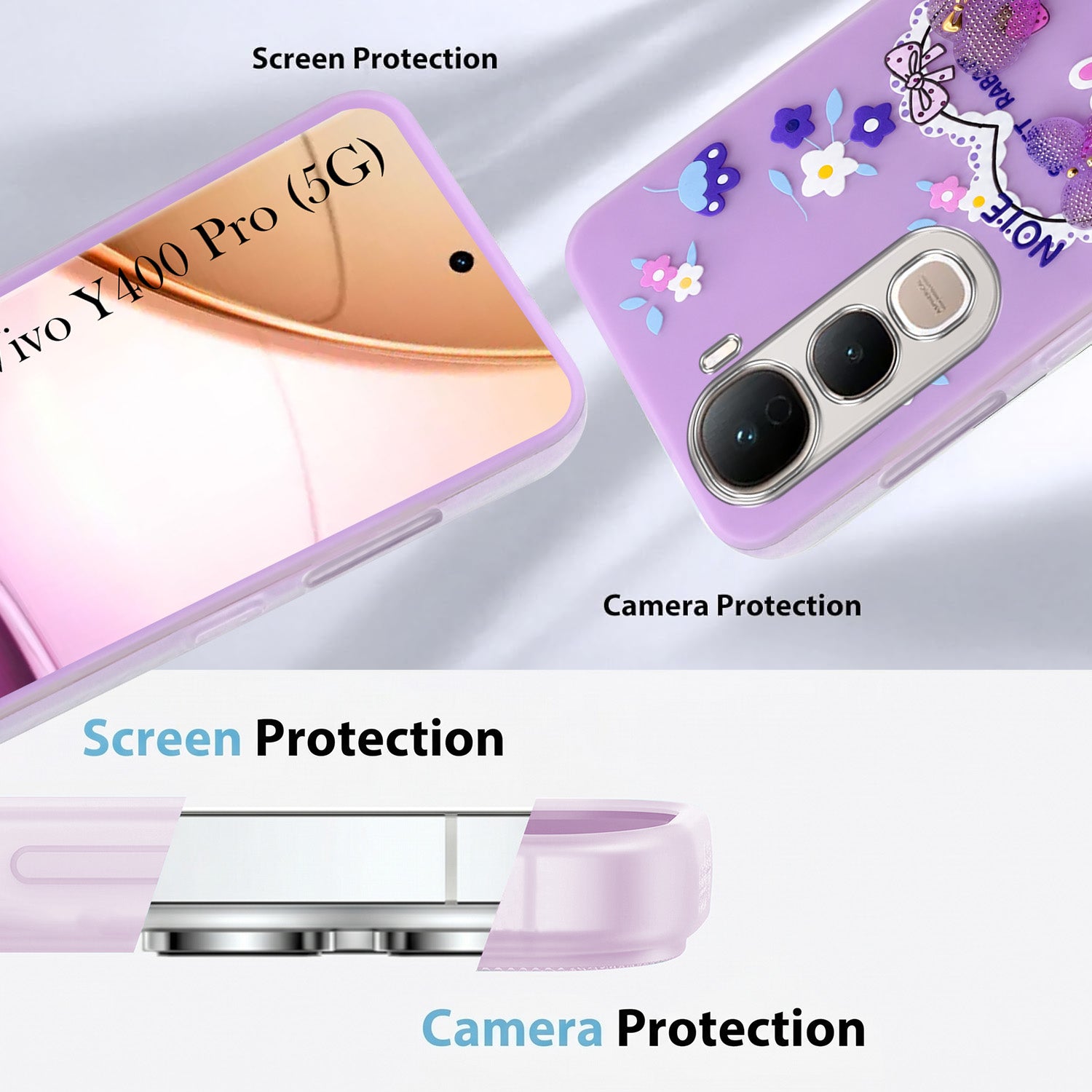 For Vivo Y400 Pro Back Cover Case (3D Cute Heart Strap Holder | Camera Protection | Designer Girls Print)