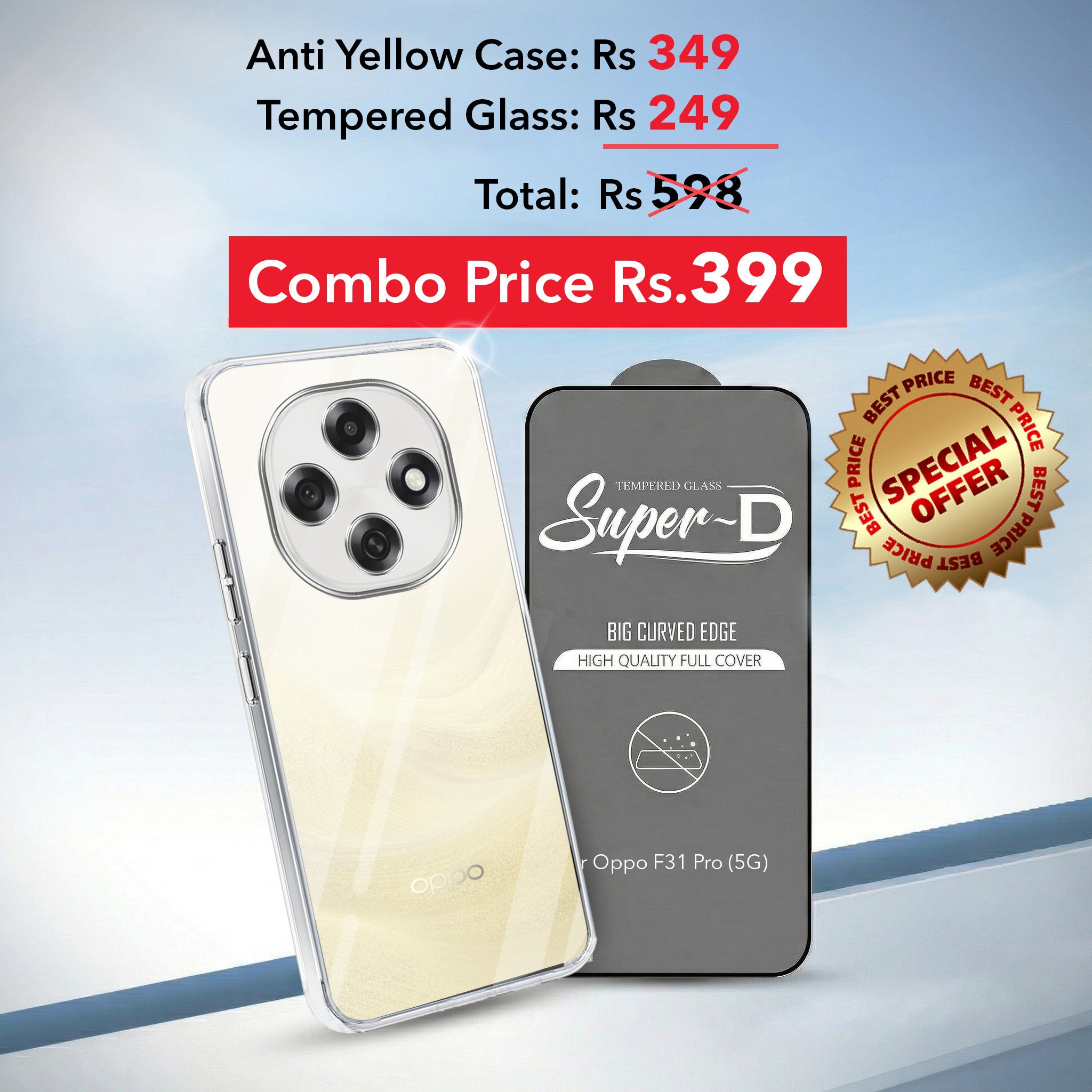 For Oppo F31 Pro Combo with Back Cover and 9H Tempered Glass (Lifetime Anti-Yellow | Sleek Hard Crystal | Oleophobic Coating Screen Glass)