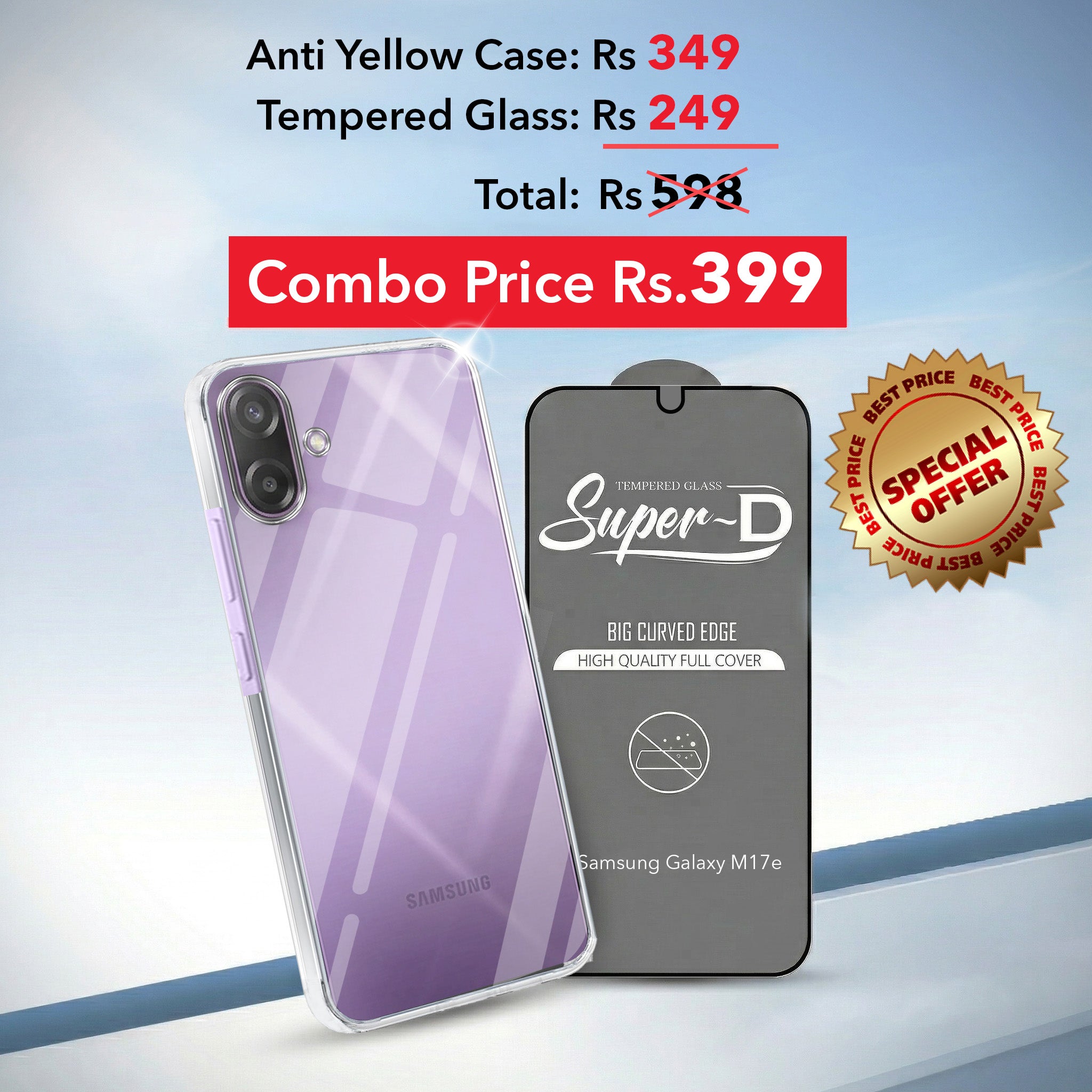 For Samsung Galaxy M17e Combo with Back Cover and 9H Tempered Glass (Lifetime Anti-Yellow | Sleek Hard Crystal | Oleophobic Coating Screen Glass)