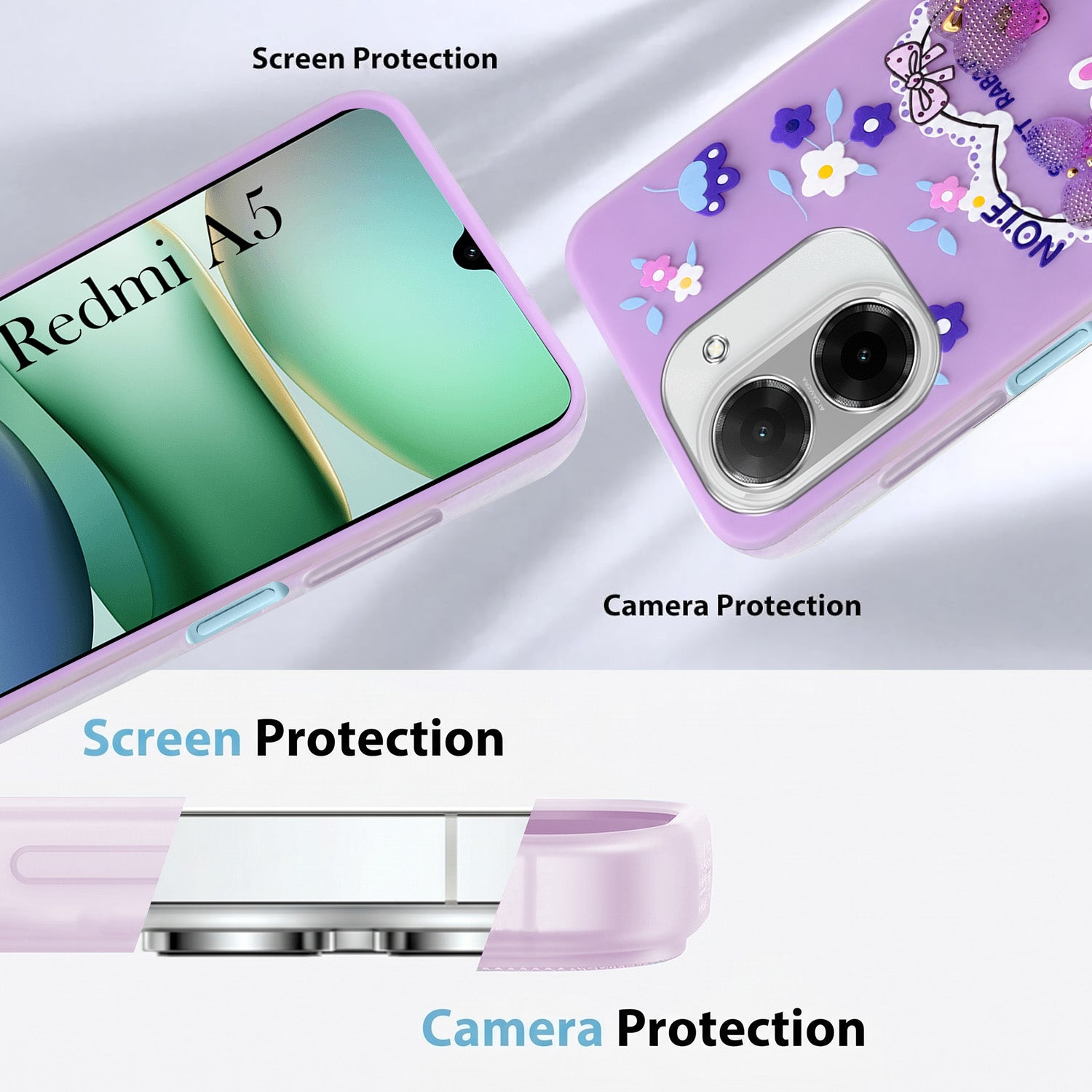 For Redmi A5 4G Back Cover Case (3D Cute Heart Strap Holder | Camera Protection | Designer Girls Print)