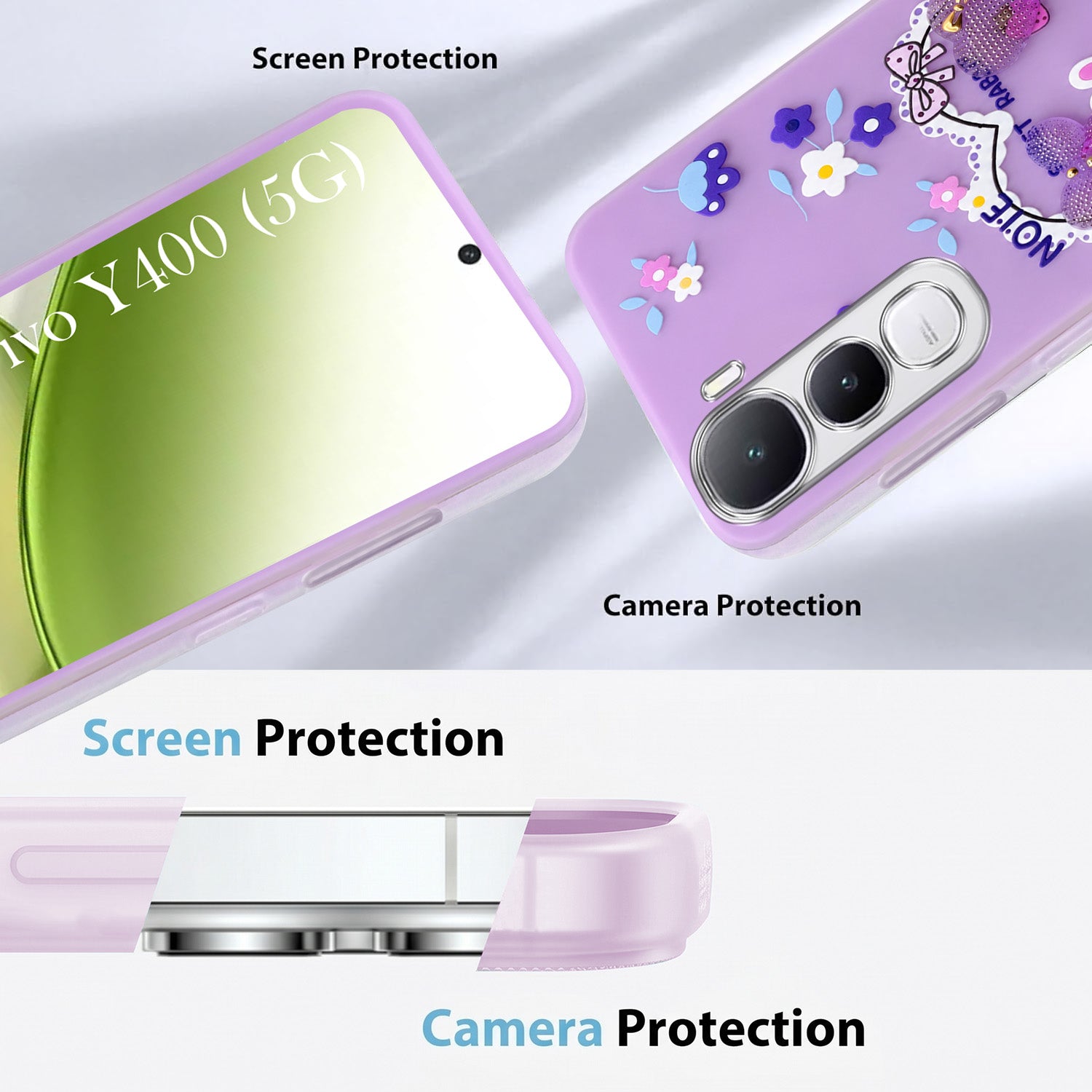 For Vivo Y400 Back Cover Case (3D Cute Heart Strap Holder | Camera Protection | Designer Girls Print)