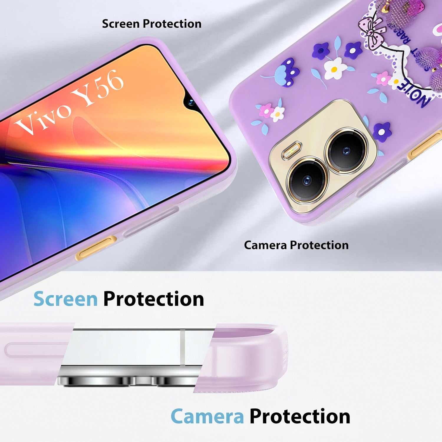 For Vivo Y56 5G Back Cover Case (3D Cute Heart Strap Holder | Camera Protection | Designer Girls Print)