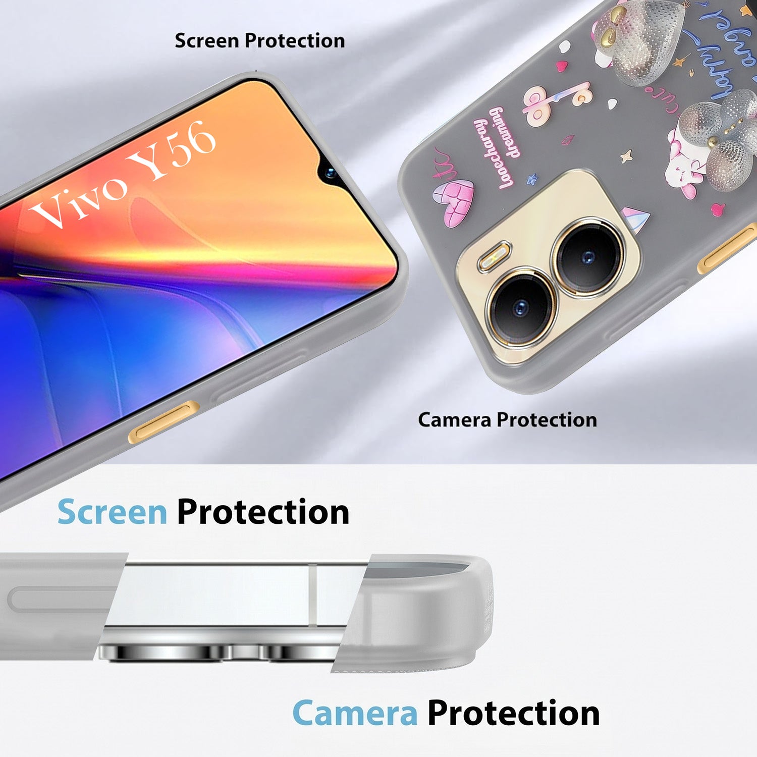 For Vivo Y56 5G Back Cover Case (3D Cute Heart Strap Holder | Camera Protection | Designer Girls Print)