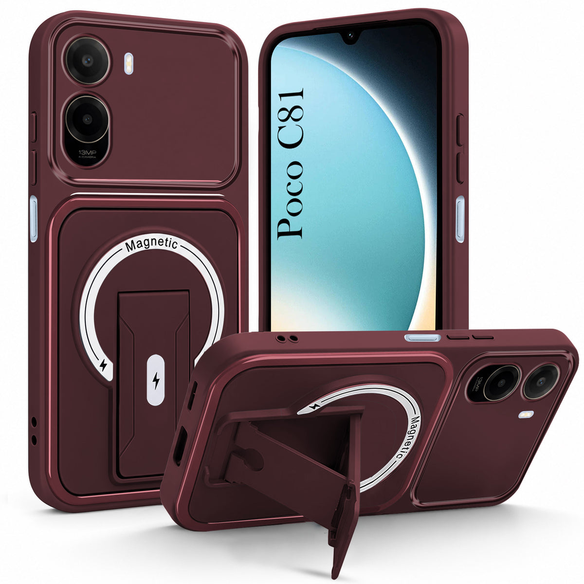For Poco C81 5G Back Case Cover Metallic (Hybrid Armor Kickstand | MagSafe Compatible | Camera Protection Shockproof)