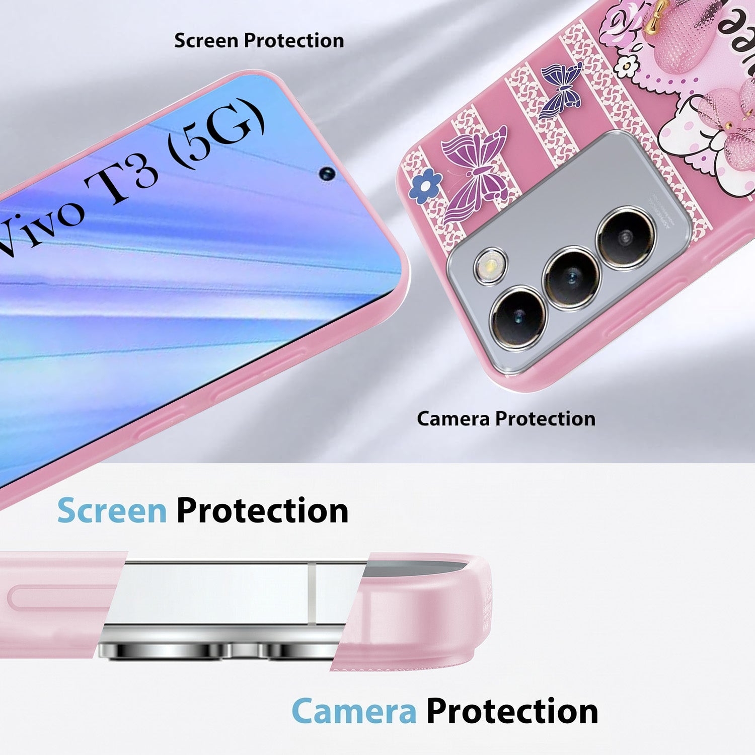 For Vivo T3 5G Back Cover Case (3D Cute Heart Strap Holder | Camera Protection | Designer Girls Print)