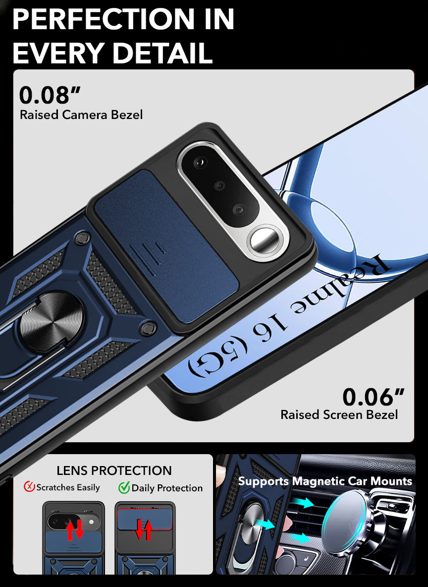 For Realme 16 Back Cover Case Hybrid Armor (Sliding Shutter Camera Protection | Polycarbonate |Ring Holder Kickstand)