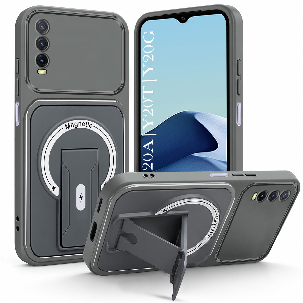 For Vivo Y20A | Y20T | Y20G Back Case Cover Metallic (Hybrid Armor Kickstand | MagSafe Compatible | Camera Protection Shockproof)