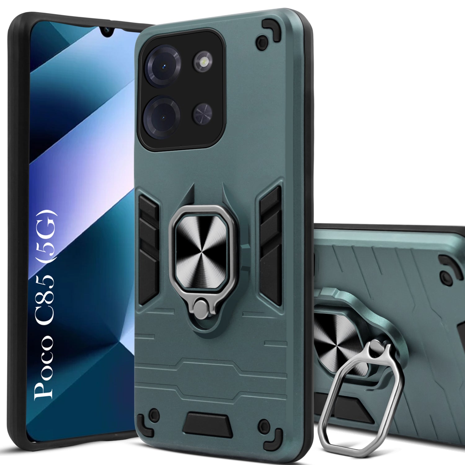 For Poco C85 5G Hybrid Armor Back Cover Case (Shockproof Dual Layer Polycarbonate |Ring Holder Kickstand)