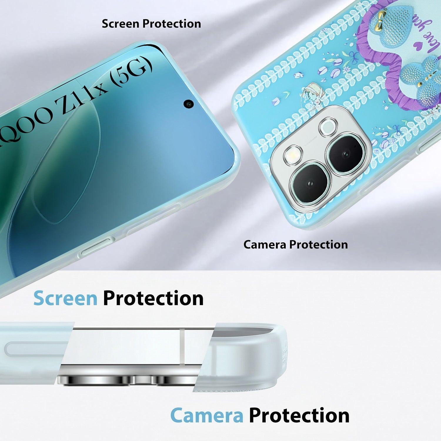 For iQOO Z11x 5G Back Cover Case (3D Cute Heart Strap Holder | Camera Protection | Designer Girls Print)