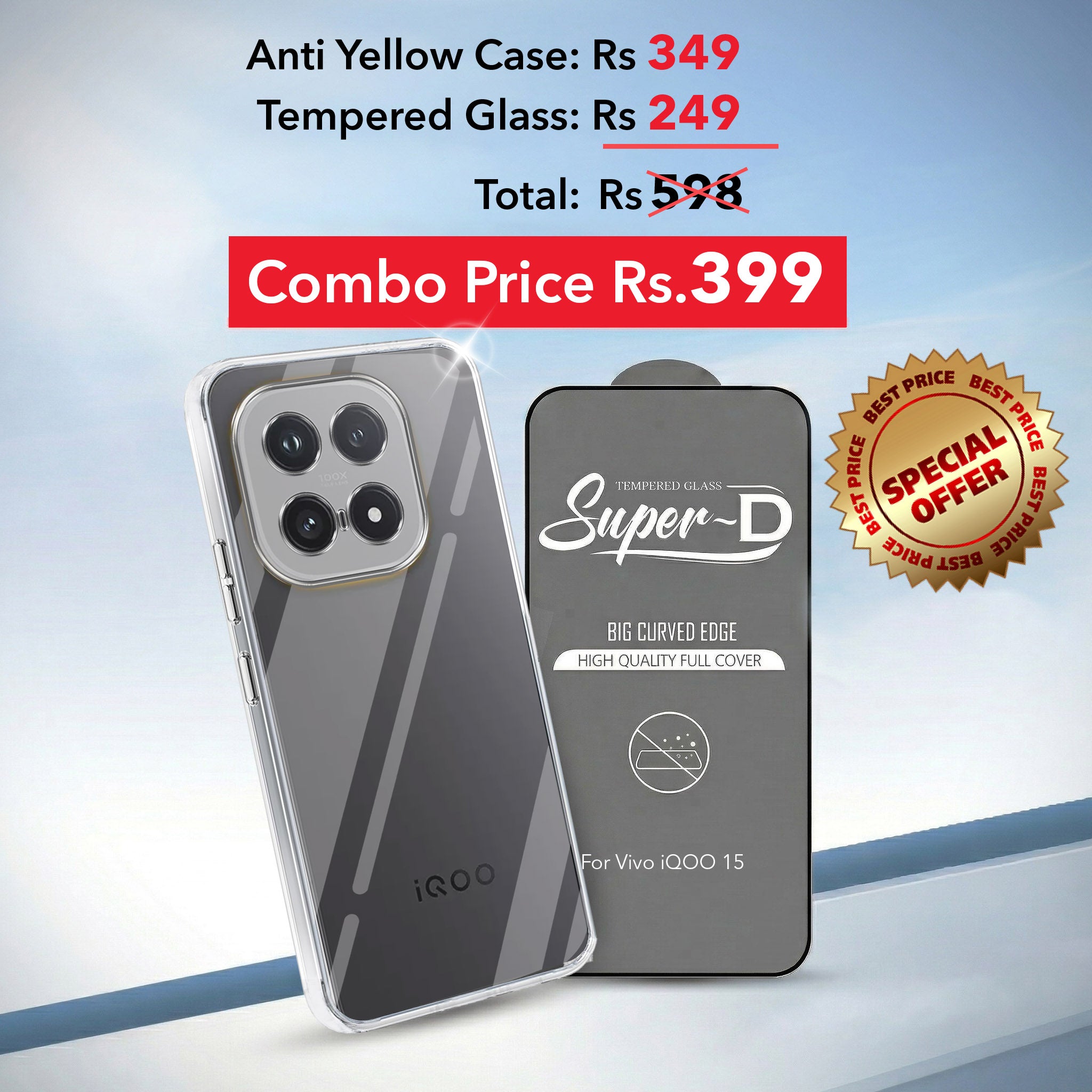 For Vivo iQOO 15 5G Combo with Back Cover and 9H Tempered Glass (Lifetime Anti-Yellow | Sleek Hard Crystal | Oleophobic Coating Screen Glass)