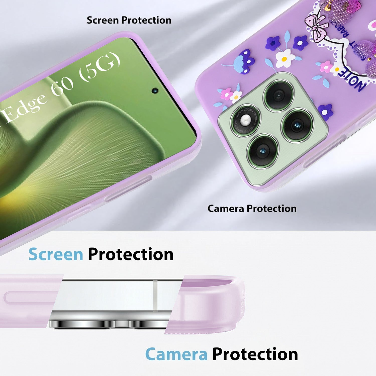 For Motorola Moto Edge 60 Back Cover Case (3D Cute Heart Strap Holder | Camera Protection | Designer Girls Print)