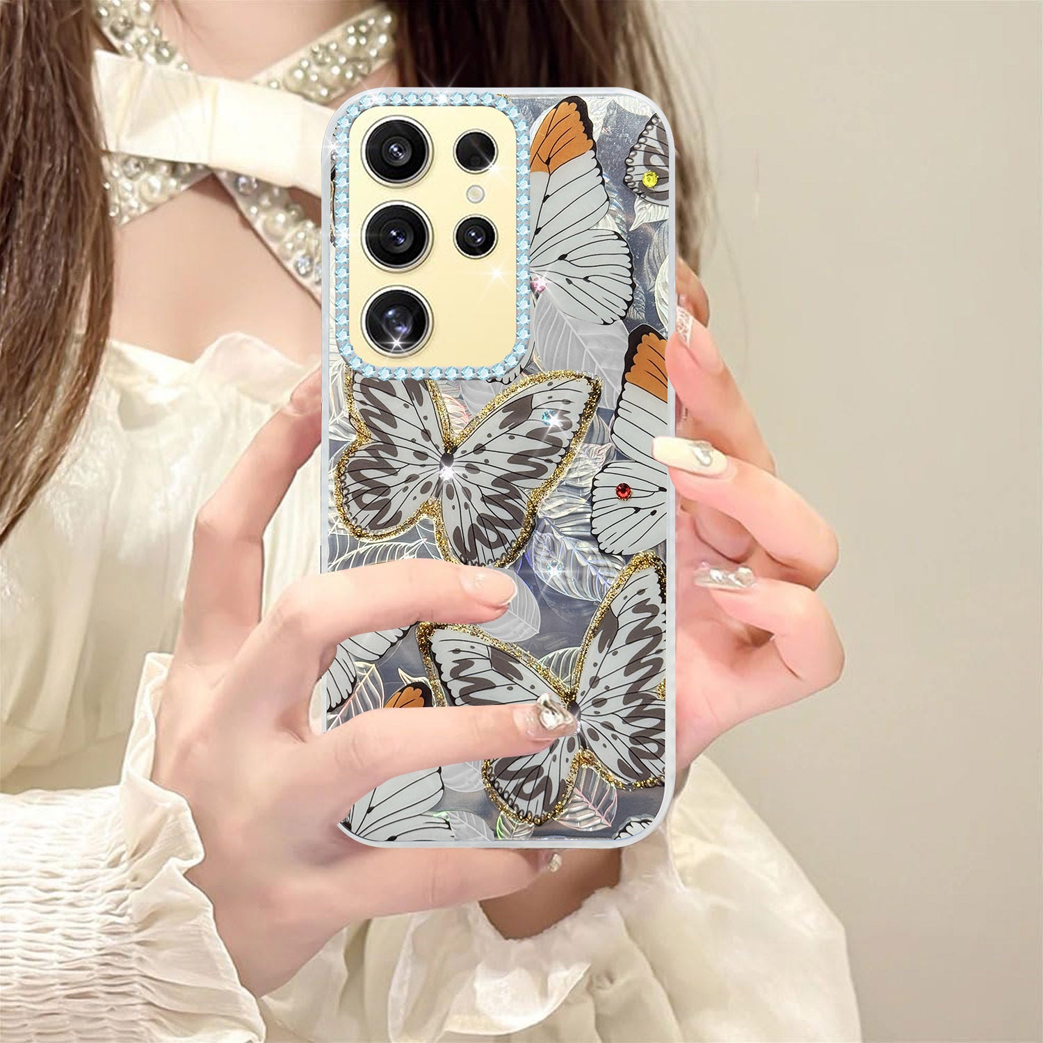 For Samsung Galaxy S24 Ultra Back Cover Case (Luxury Floral Glitter Cute Butterfly | Diamond Studded Camera Bump | Girls & Women Design)