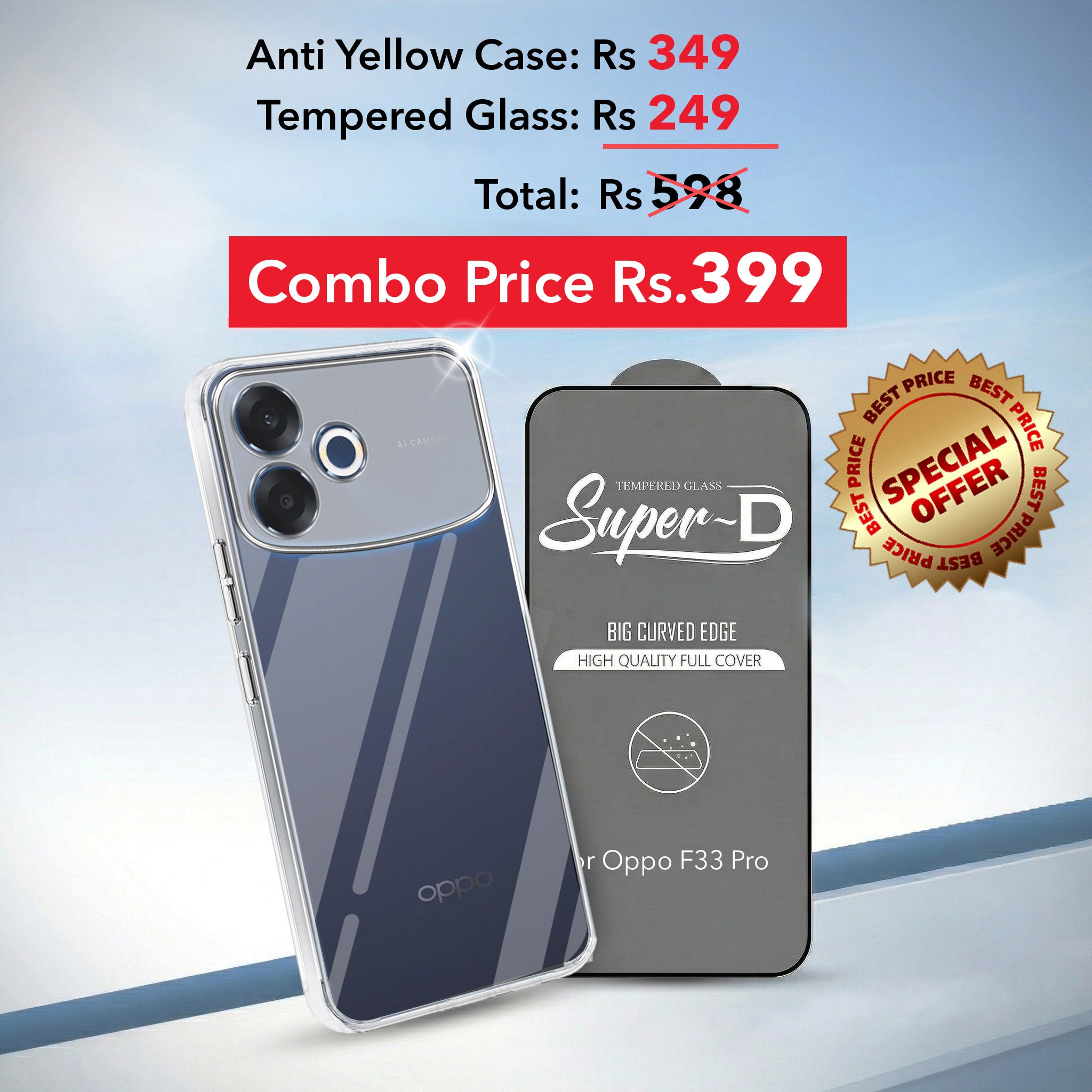 For Oppo F33 Pro Combo with Back Cover and 9H Tempered Glass (Lifetime Anti-Yellow | Sleek Hard Crystal | Oleophobic Coating Screen Glass)