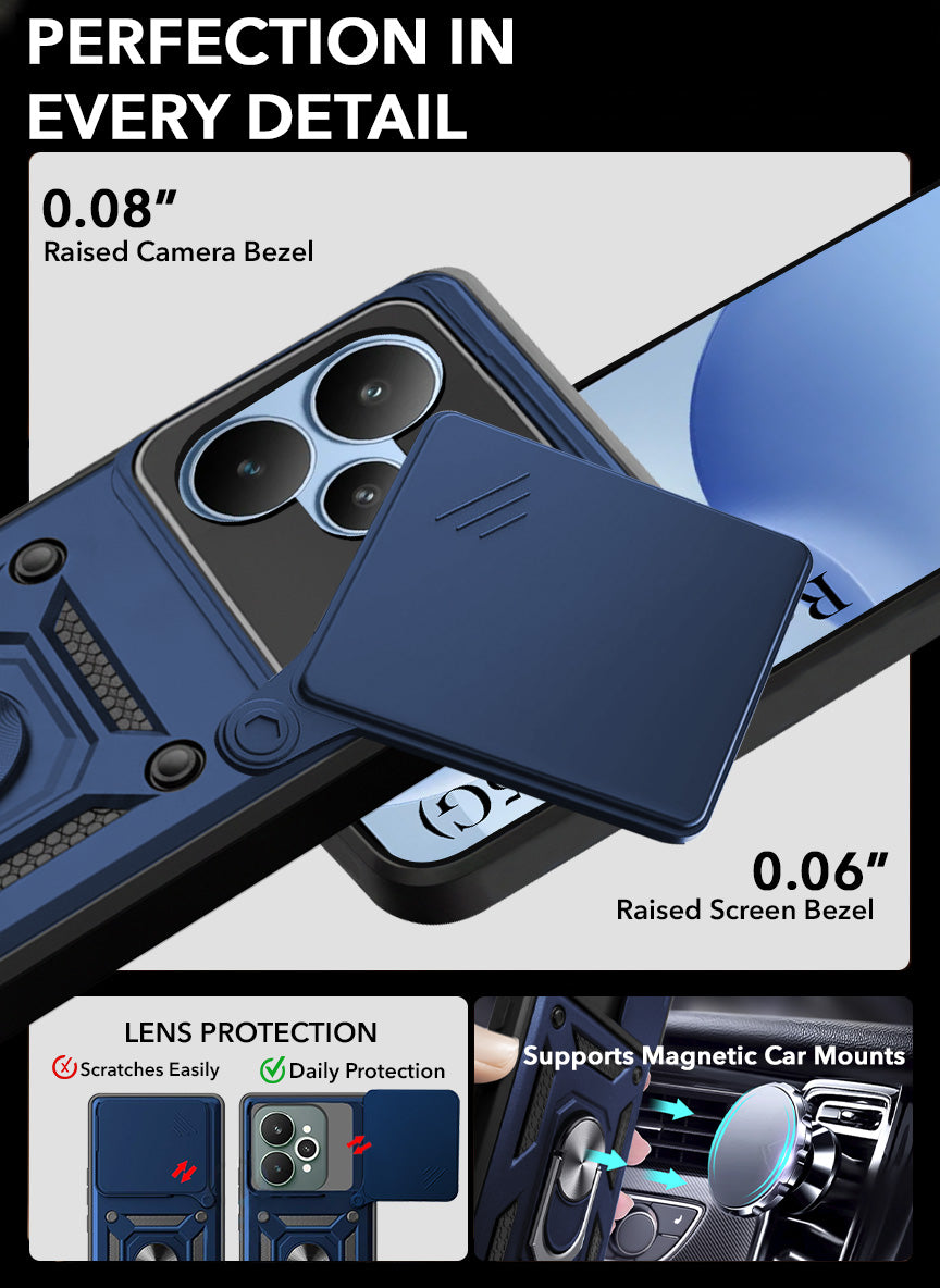 For Realme P4 Back Cover Case Hybrid Armor (Sliding Shutter Camera Protection | Polycarbonate |Ring Holder Kickstand)