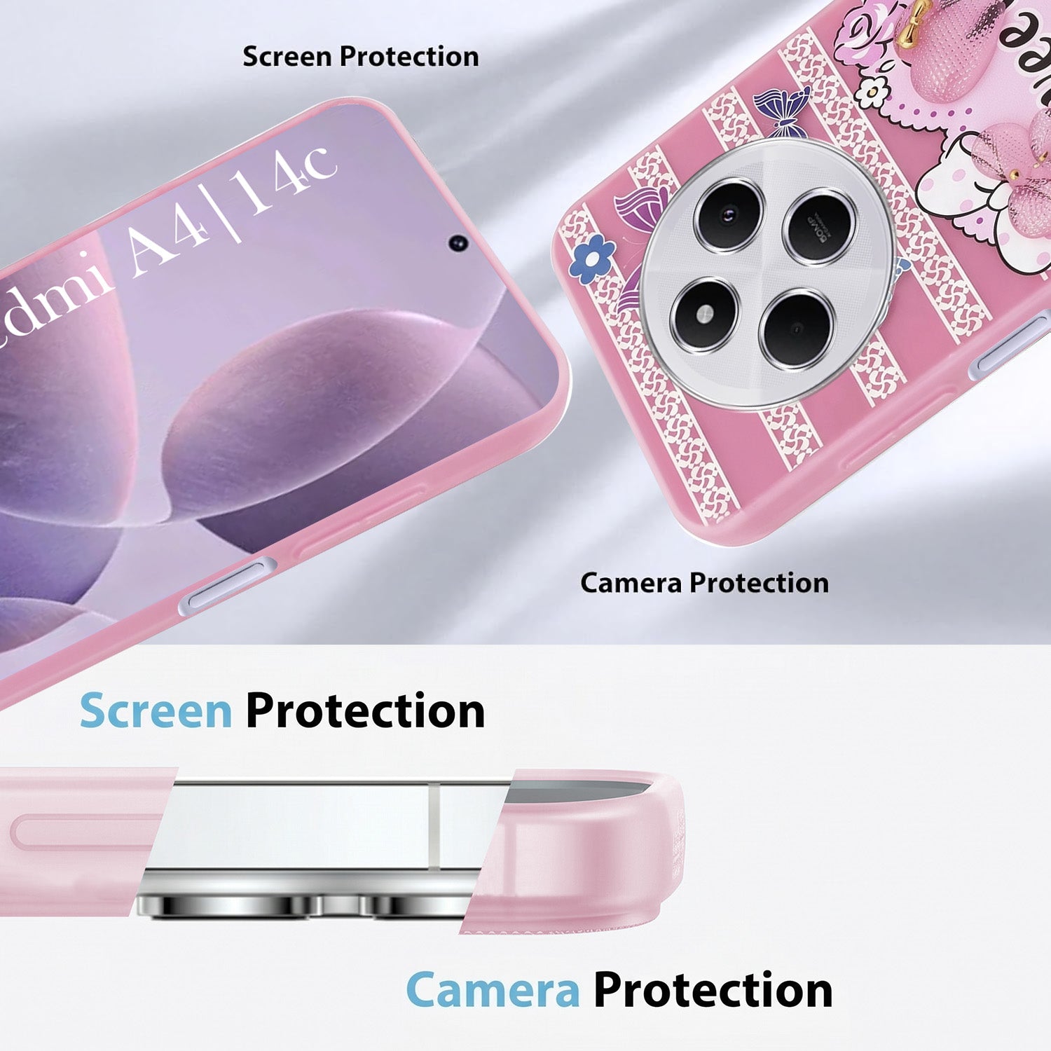 For Redmi A4 5G | Xiaomi Redmi 14C Back Cover Case (3D Cute Heart Strap Holder | Camera Protection | Designer Girls Print)