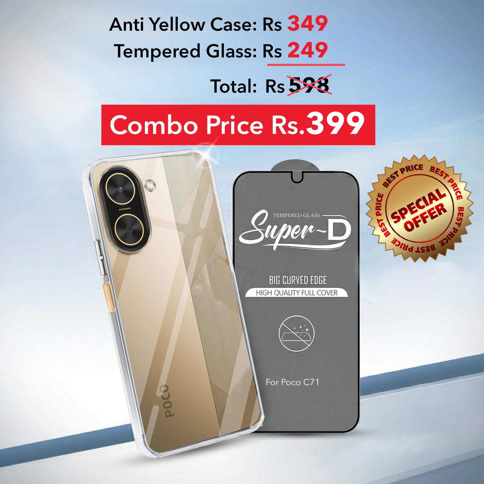 For Poco C71 Combo with Back Cover and 9H Tempered Glass (Lifetime Anti-Yellow | Sleek Hard Crystal | Oleophobic Coating Screen Glass)