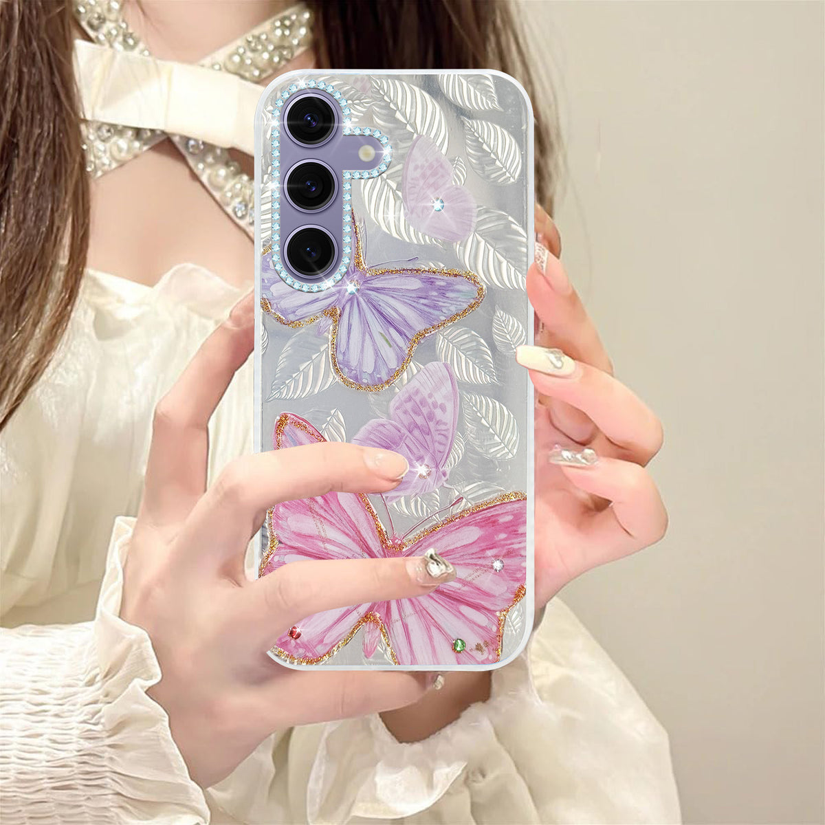 For Samsung Galaxy S24 Back Cover Case (Luxury Floral Glitter Cute Butterfly | Diamond Studded Camera Bump | Girls & Women Design)