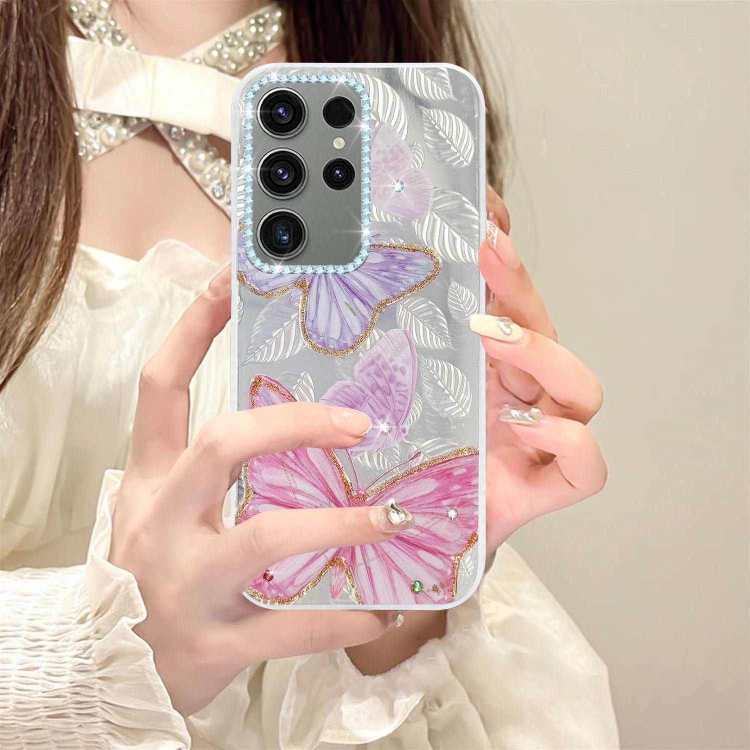 For Samsung Galaxy S23 Ultra Back Cover Case (Luxury Floral Glitter Cute Butterfly | Diamond Studded Camera Bump | Girls & Women Design)