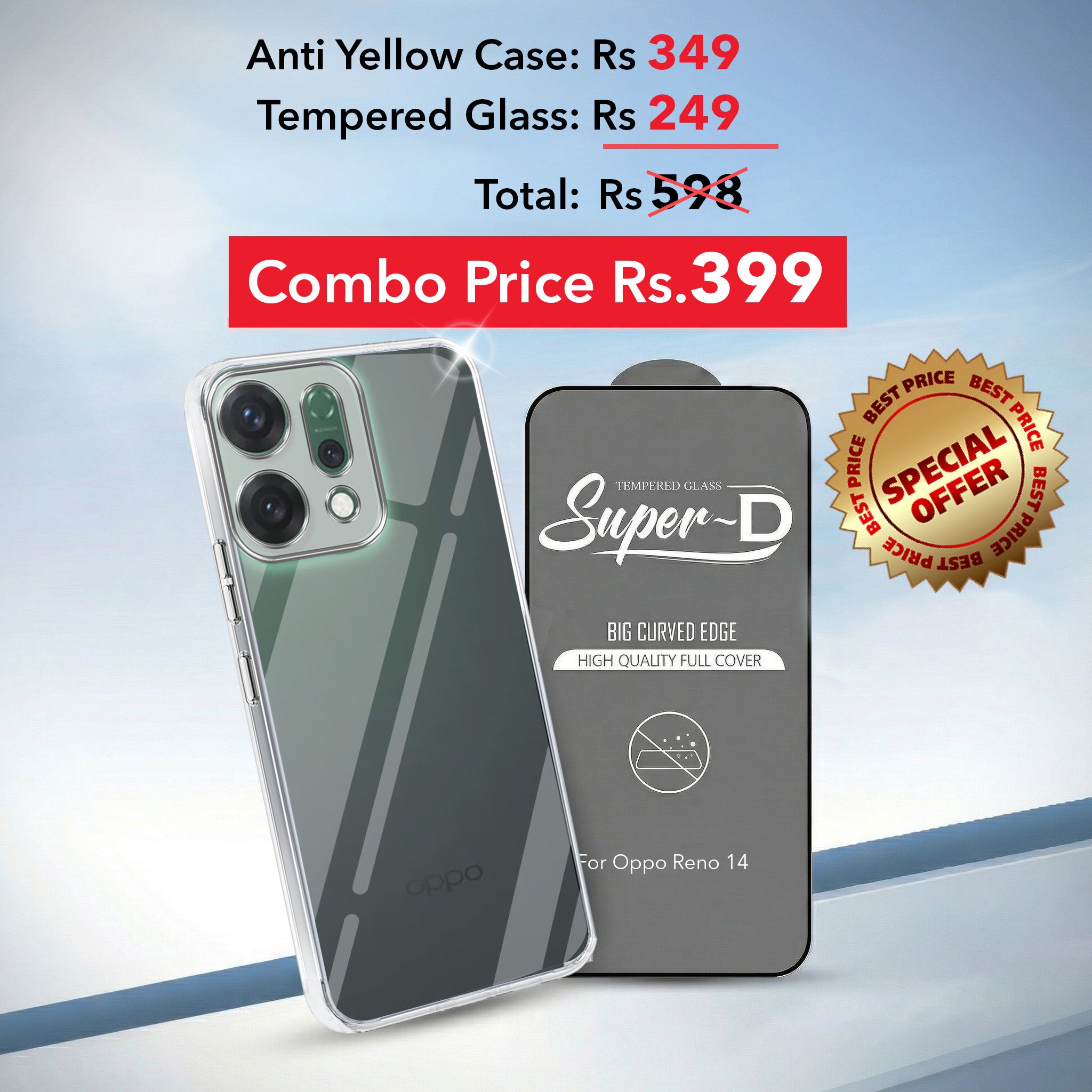 For Oppo Reno14 5G | Oppo Reno 14 5G Combo with Back Cover and 9H Tempered Glass (Lifetime Anti-Yellow | Sleek Hard Crystal | Oleophobic Coating Screen Glass)