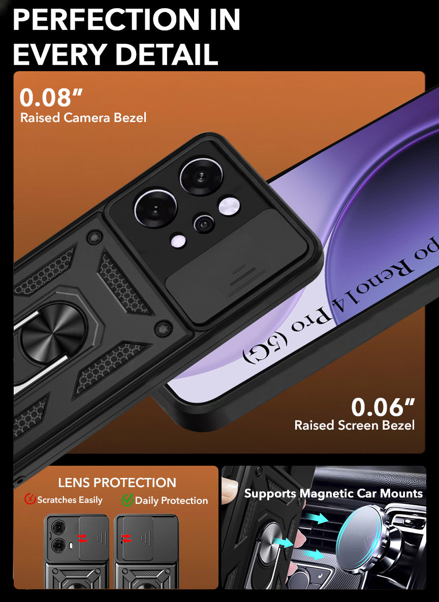 For Oppo Reno14 Pro 5G | Oppo Reno 14 Pro 5G Back Cover Case (Sliding Shutter Camera Protection | Polycarbonate |Ring Holder Kickstand)