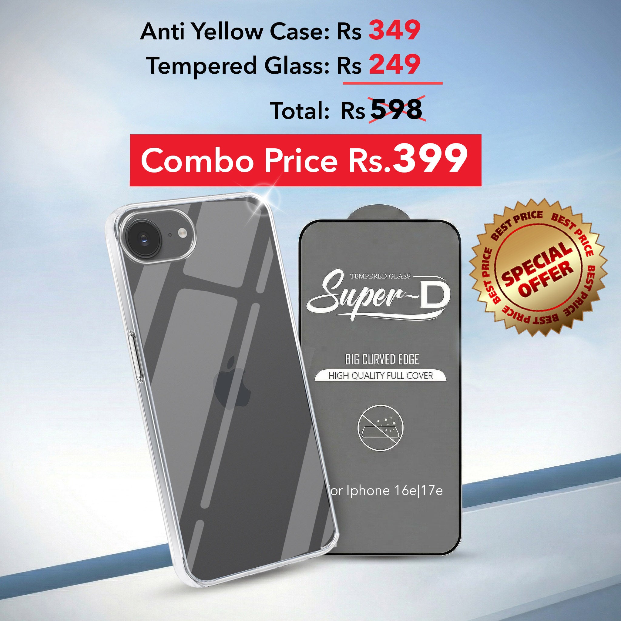 For Apple iPhone 16e | iPhone 17e Combo with Back Cover and 9H Tempered Glass (Lifetime Anti-Yellow | Sleek Hard Crystal | Oleophobic Coating Screen Glass)