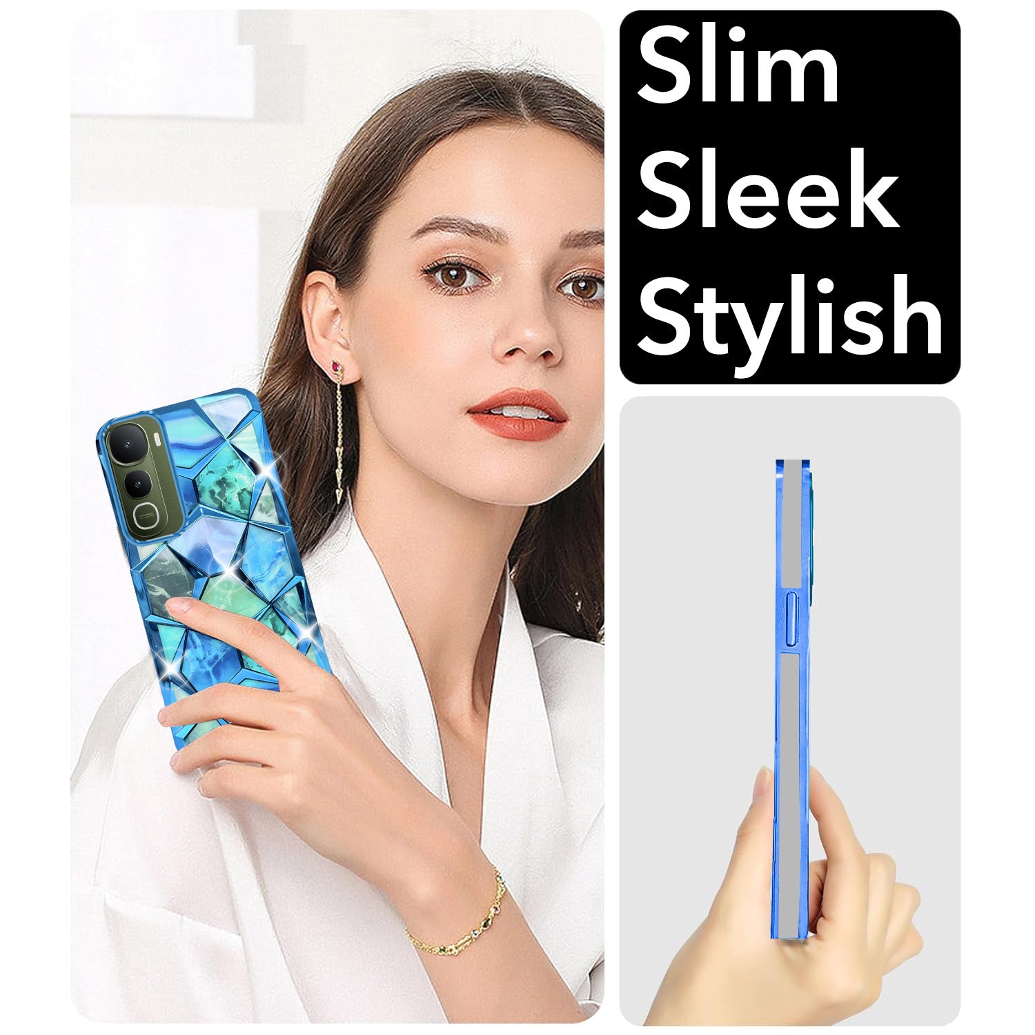 For Vivo Y400 Back Cover Case 3D Silicone Compatible (Dual Design Glitter Sparkle and Detachable Diamond Print Case | Soft and Flexible)