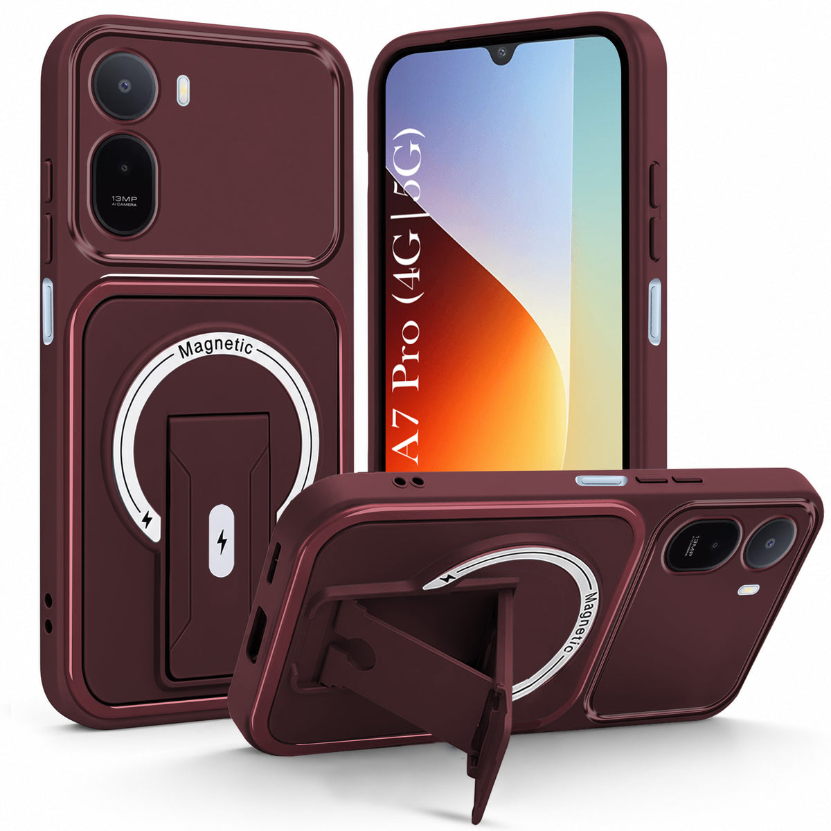 For Redmi A7 Pro 4G|5G Back Case Cover Metallic (Hybrid Armor Kickstand | MagSafe Compatible | Camera Protection Shockproof)