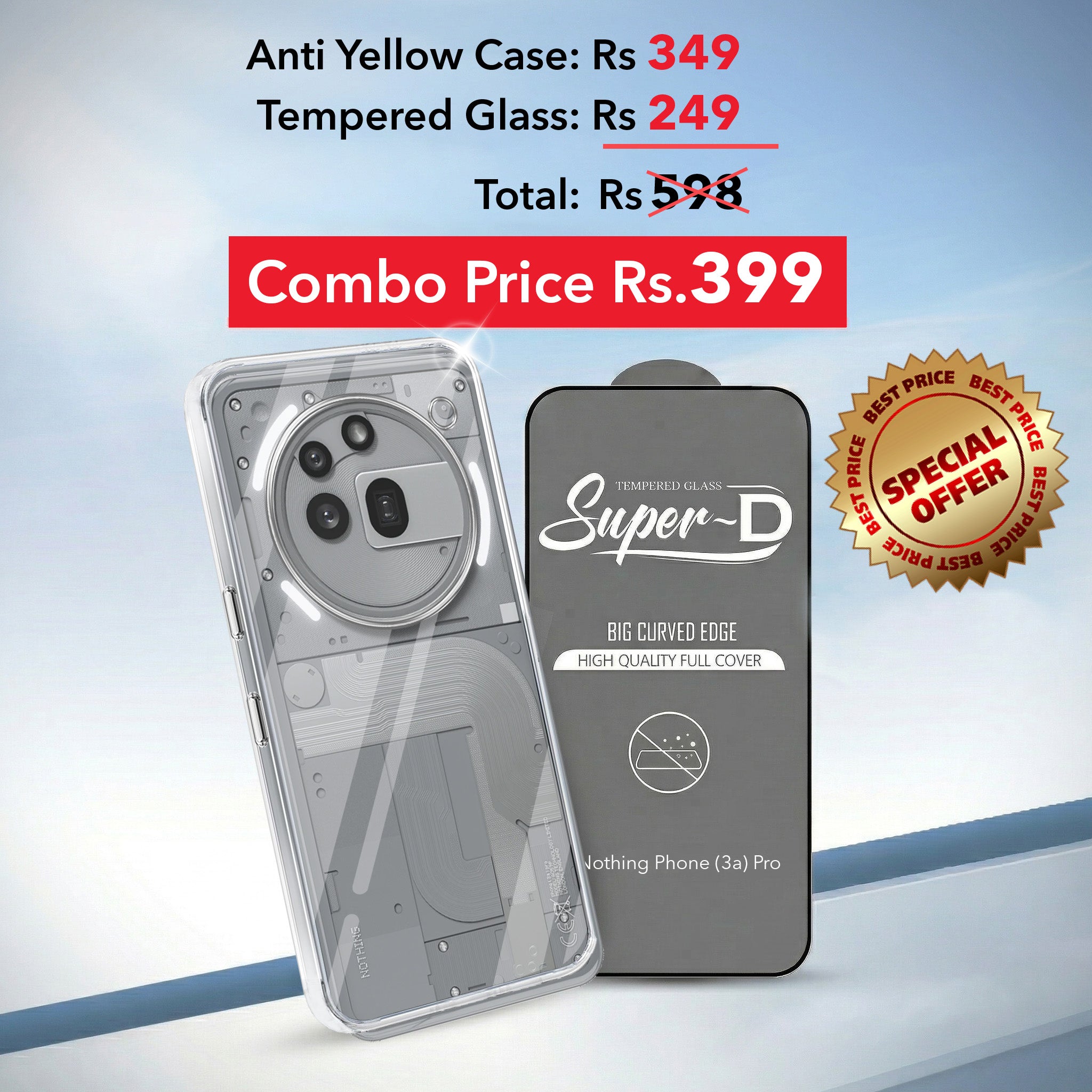 For Nothing Phone 3A Pro 5G Combo with Back Cover and 9H Tempered Glass (Lifetime Anti-Yellow | Sleek Hard Crystal | Oleophobic Coating Screen Glass)