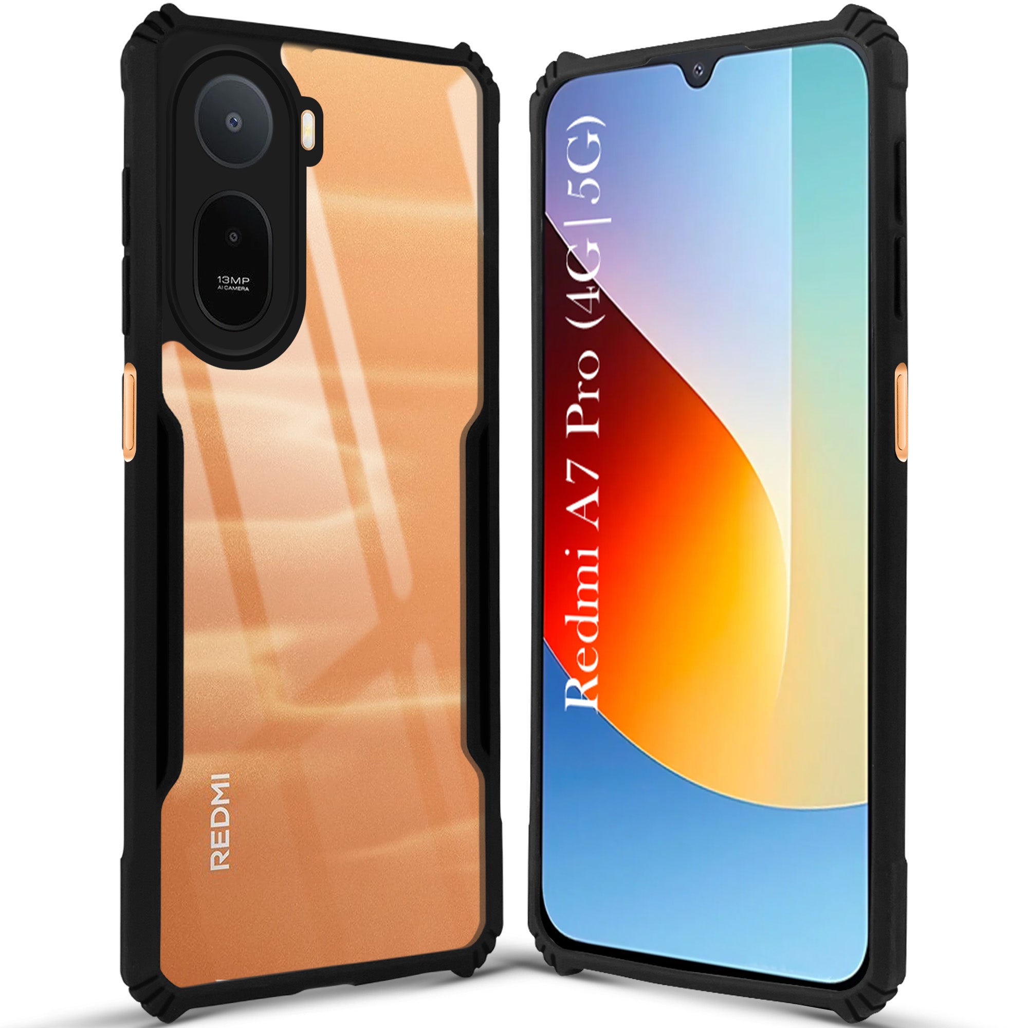 For Redmi A7 Pro 5G Back Cover Case Hybrid (Shockproof with Polycarbonate Clear Panel | Professional Black)