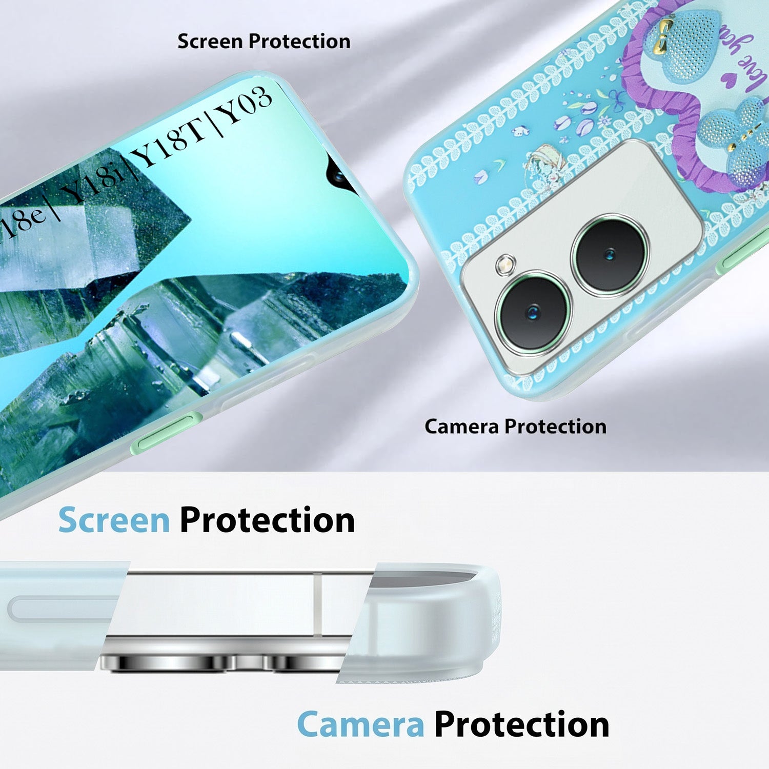 For Vivo Y18 | Y18e | Y03 | Y18i | Y18t Back Cover Case (3D Cute Heart Strap Holder | Camera Protection | Designer Girls Print)