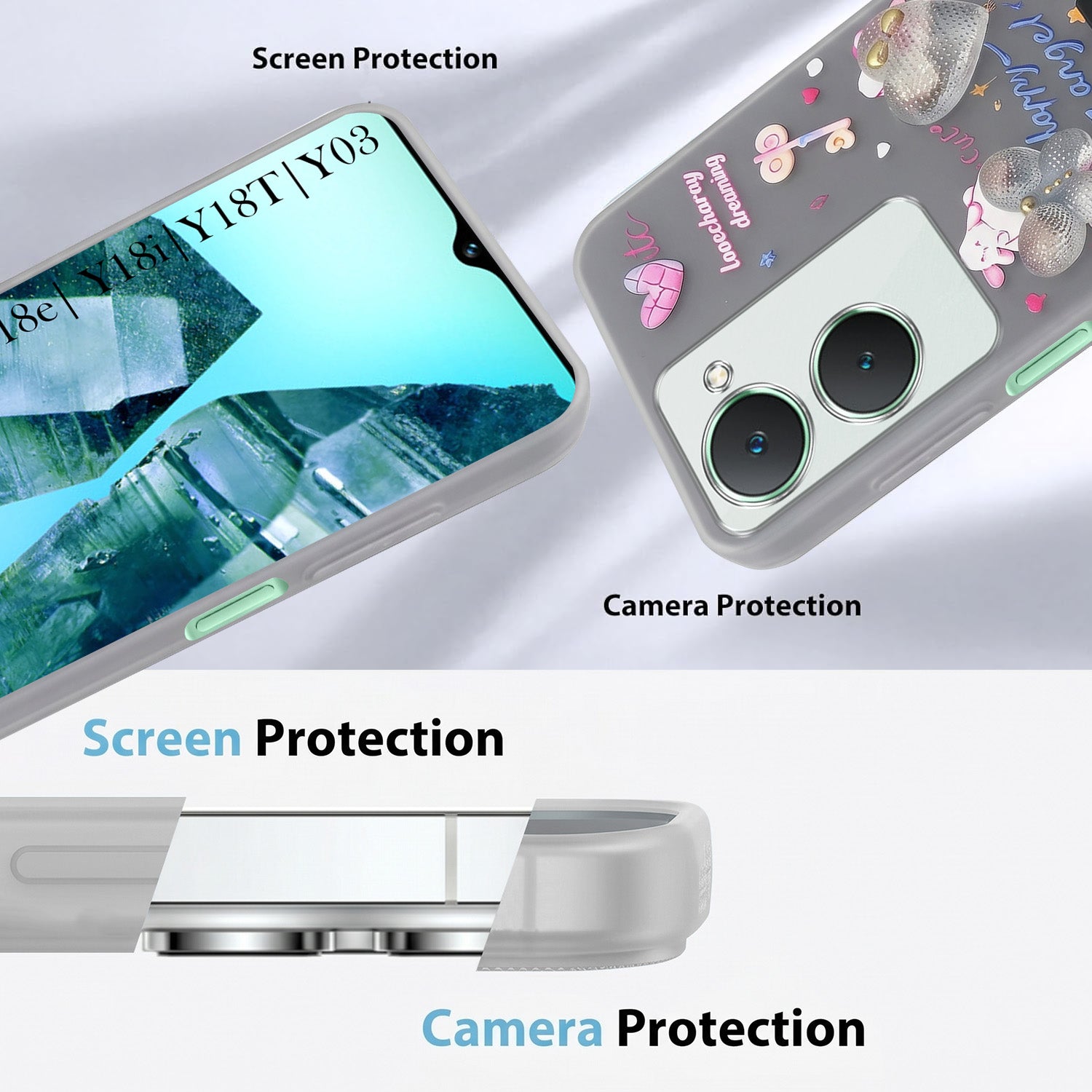 For Vivo Y18 | Y18e | Y03 | Y18i | Y18t Back Cover Case (3D Cute Heart Strap Holder | Camera Protection | Designer Girls Print)