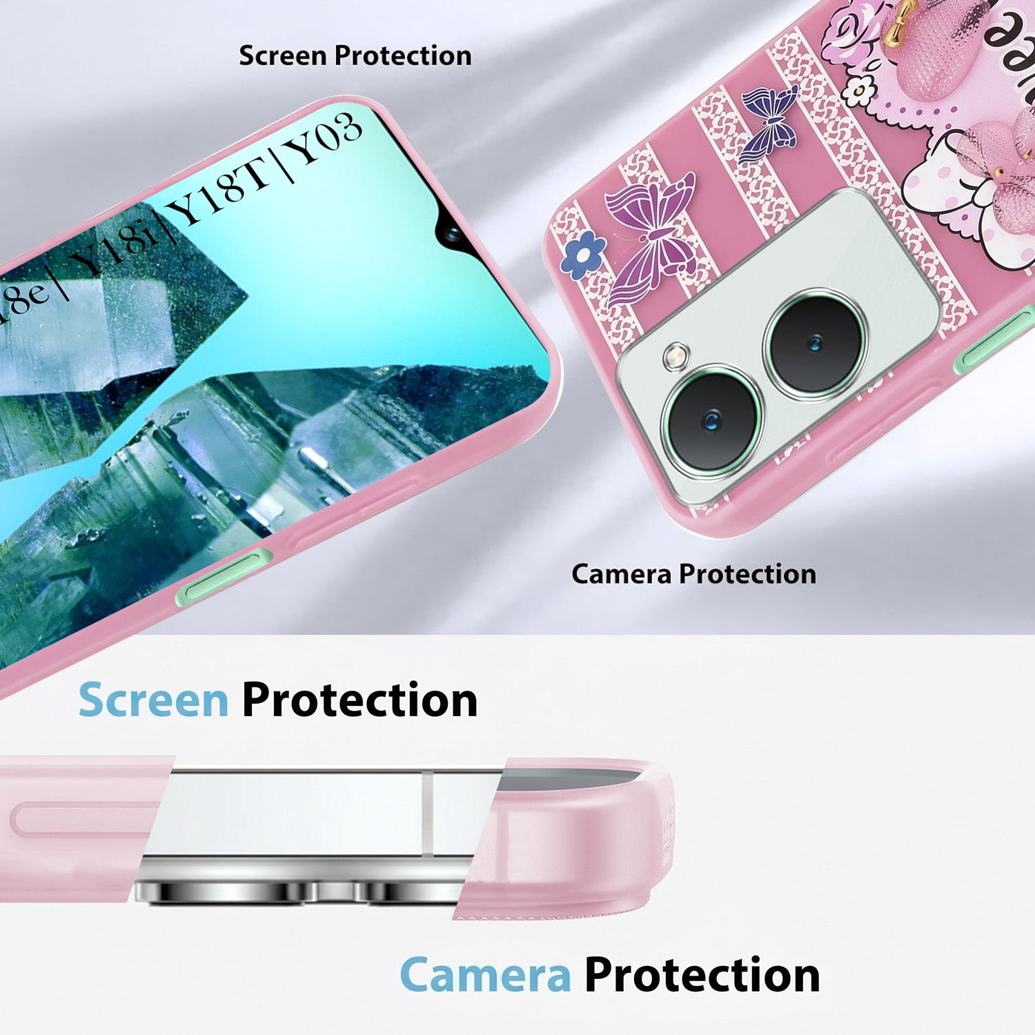 For Vivo Y18 | Y18e | Y03 | Y18i | Y18t Back Cover Case (3D Cute Heart Strap Holder | Camera Protection | Designer Girls Print)