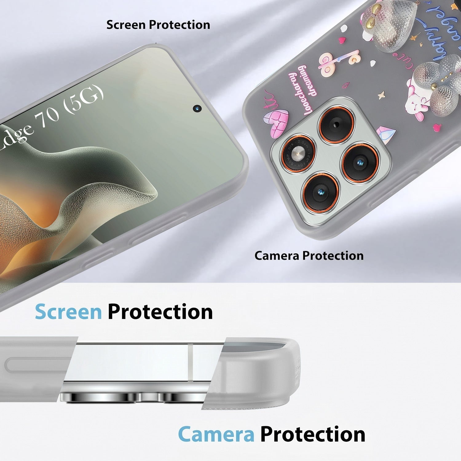 For Motorola Moto Edge 70 Back Cover Case (3D Cute Heart Strap Holder | Camera Protection | Designer Girls Print)
