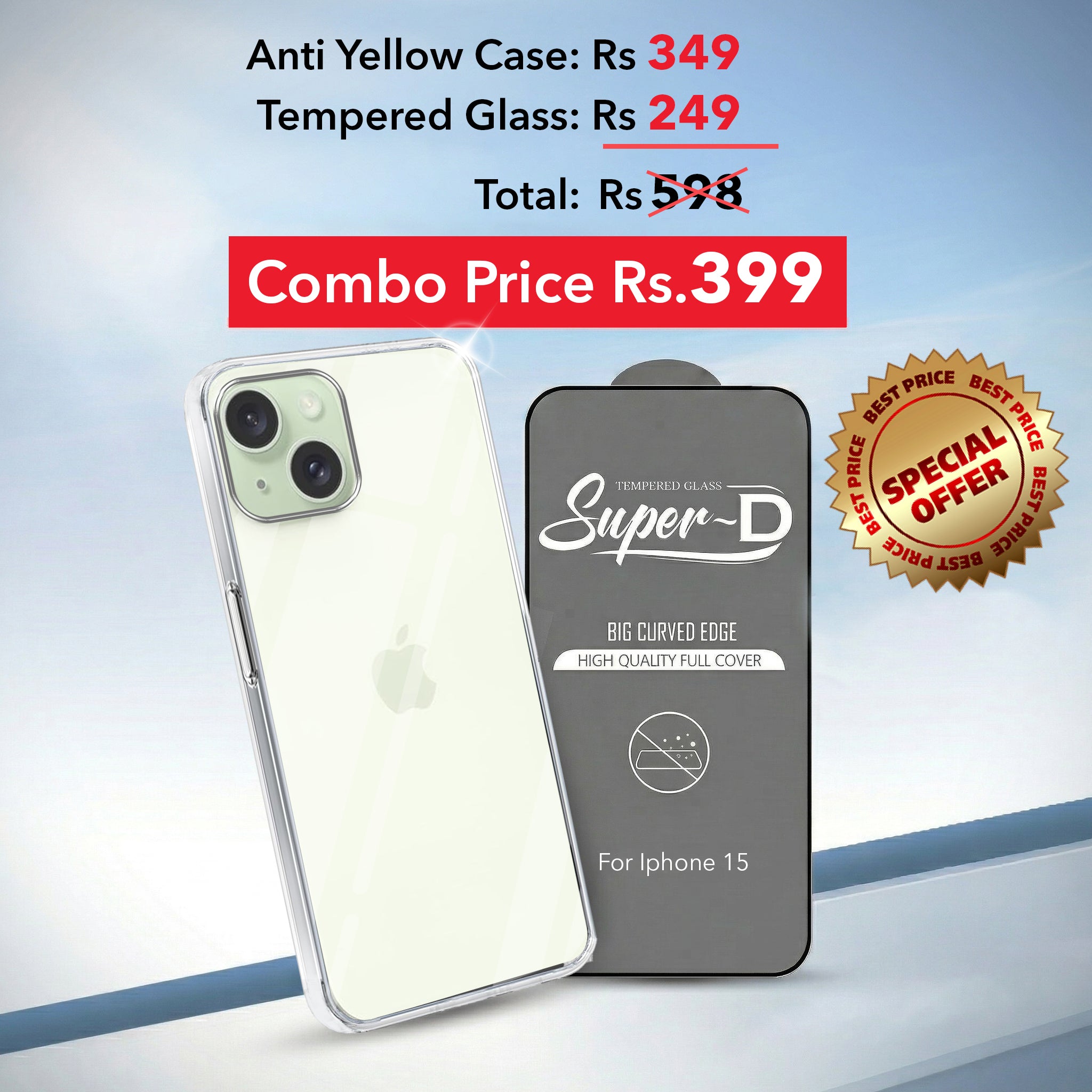 For Apple iPhone 15 Combo with Back Cover and 9H Tempered Glass (Lifetime Anti-Yellow | Sleek Hard Crystal | Oleophobic Coating Screen Glass)