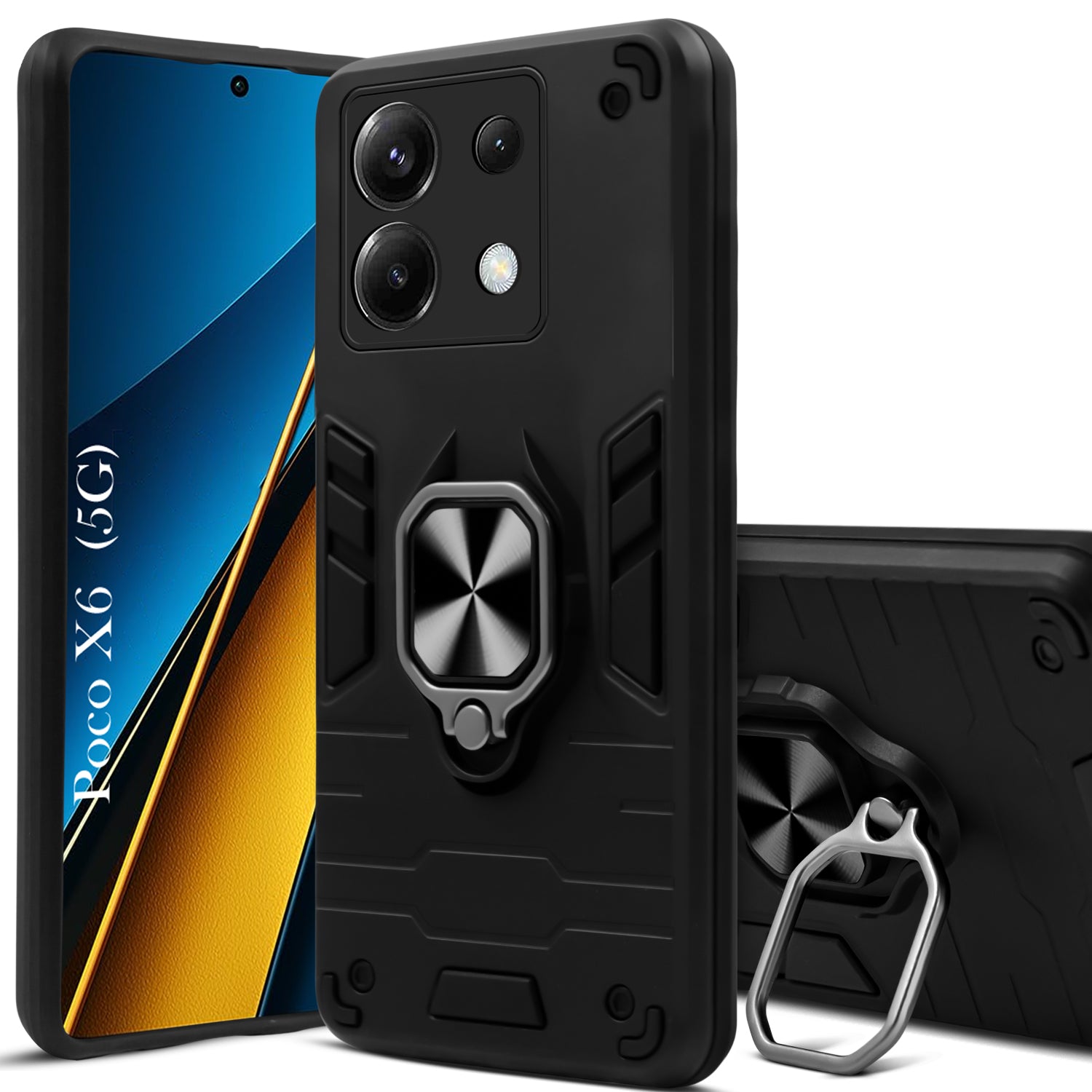 For Poco X6 5G Back Cover Case Hybrid Armor (Shockproof Dual Layer Polycarbonate |Ring Holder Kickstand)