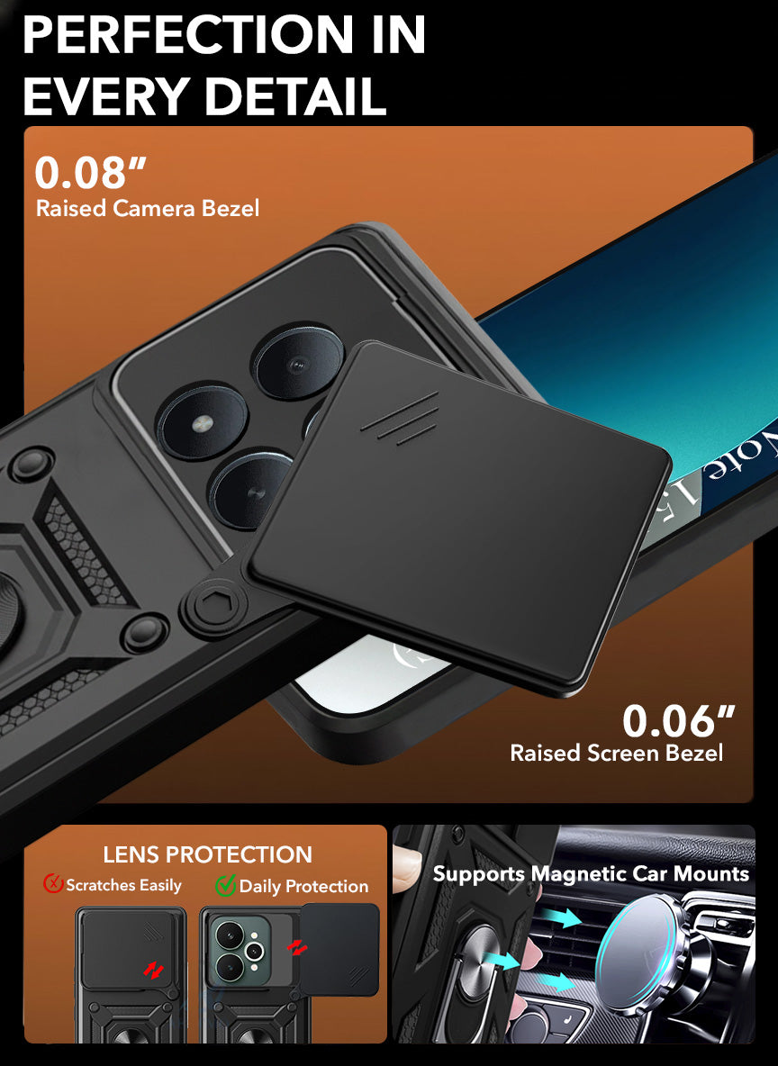 For Xiaomi Redmi Note 15 Pro Plus 5G Back Cover Case Hybrid Armor (Sliding Shutter Camera Protection | Polycarbonate |Ring Holder Kickstand)