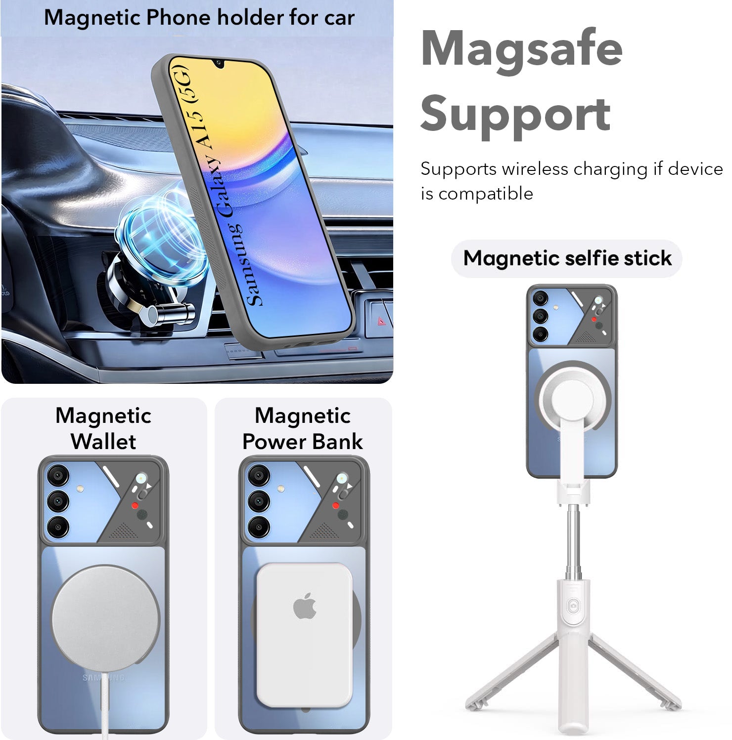 For Samsung Galaxy A15 5G Back Cover Case Lifetime Anti-Yellow Clear (Camera Protection | Side Grip | Wireless MagSafe Compatible)