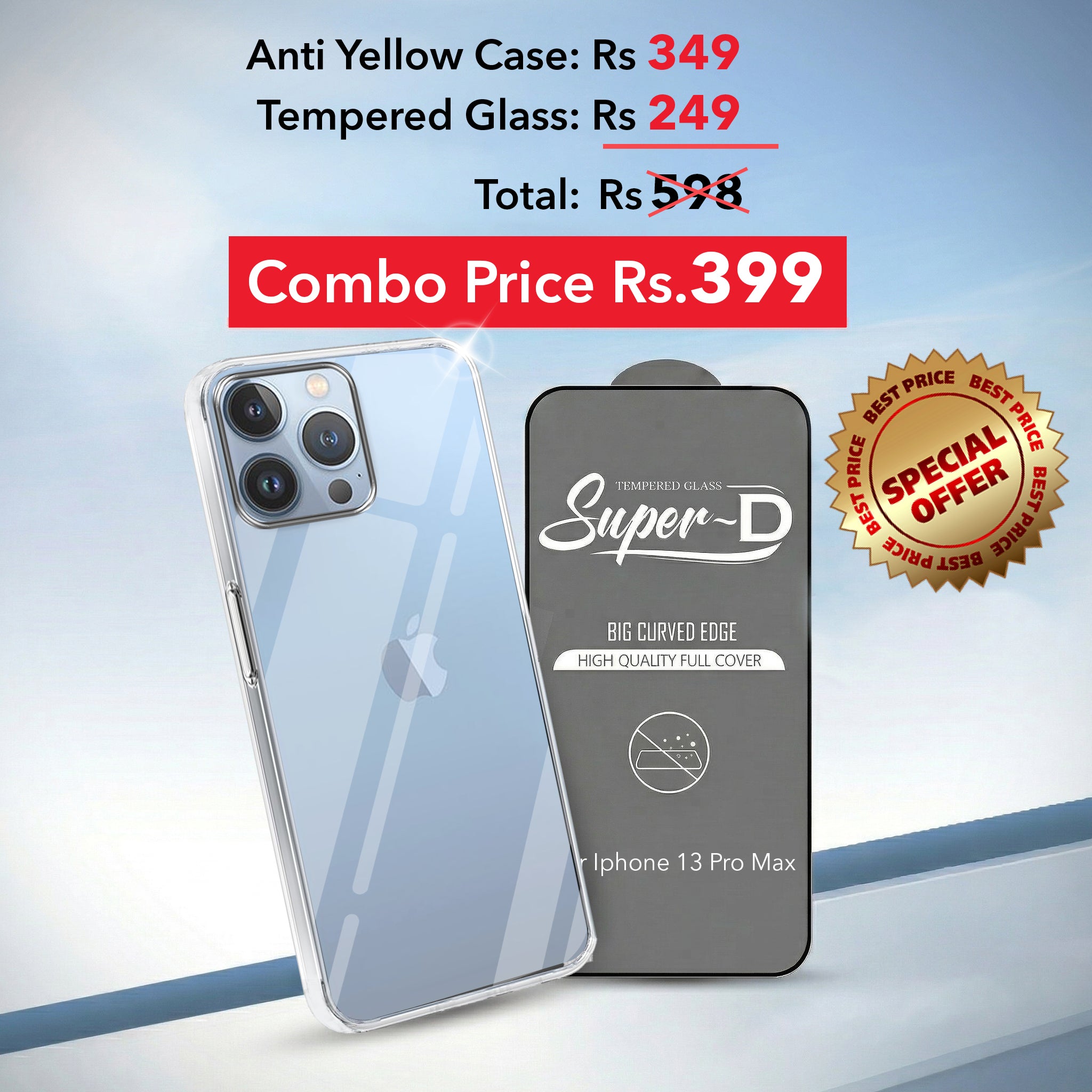 For Apple iPhone 13 Pro Max Combo with Back Cover and 9H Tempered Glass (Lifetime Anti-Yellow | Sleek Hard Crystal | Oleophobic Coating Screen Glass)