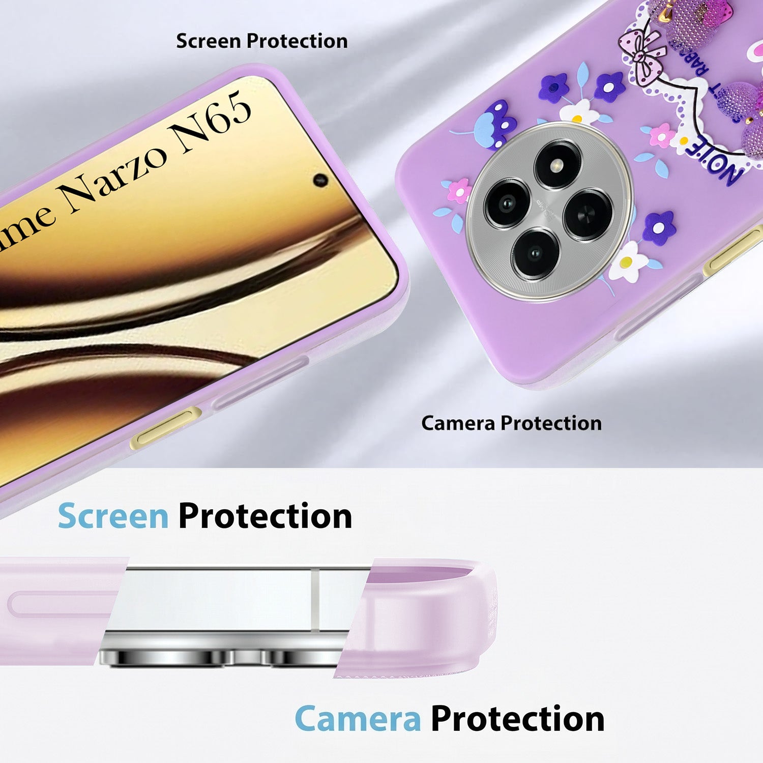 For Realme Narzo N65 5G Back Cover Case (3D Cute Heart Strap Holder | Camera Protection | Designer Girls Print)