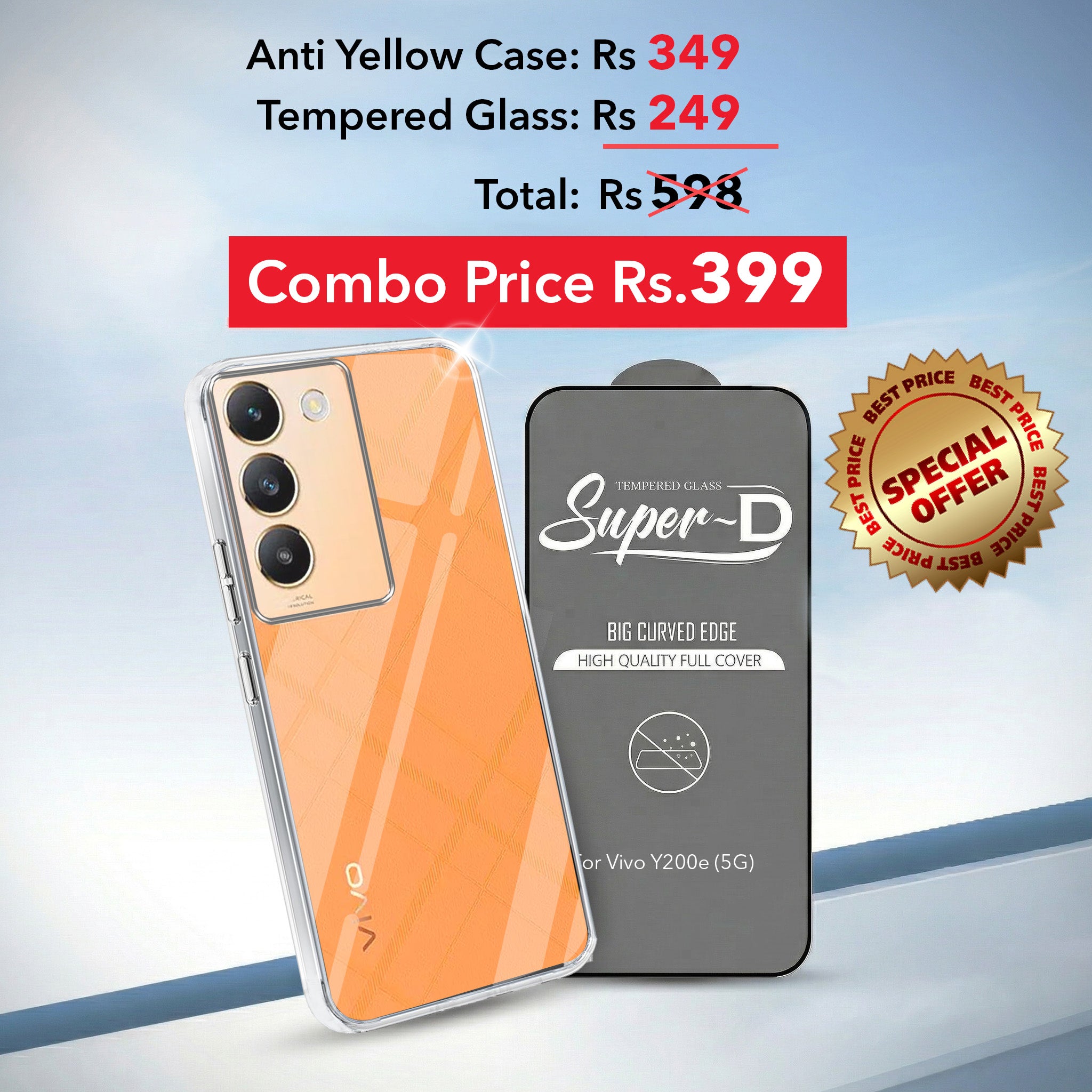 For Vivo Y200e Combo with Back Cover and 9H Tempered Glass (Lifetime Anti-Yellow | Sleek Hard Crystal | Oleophobic Coating Screen Glass)
