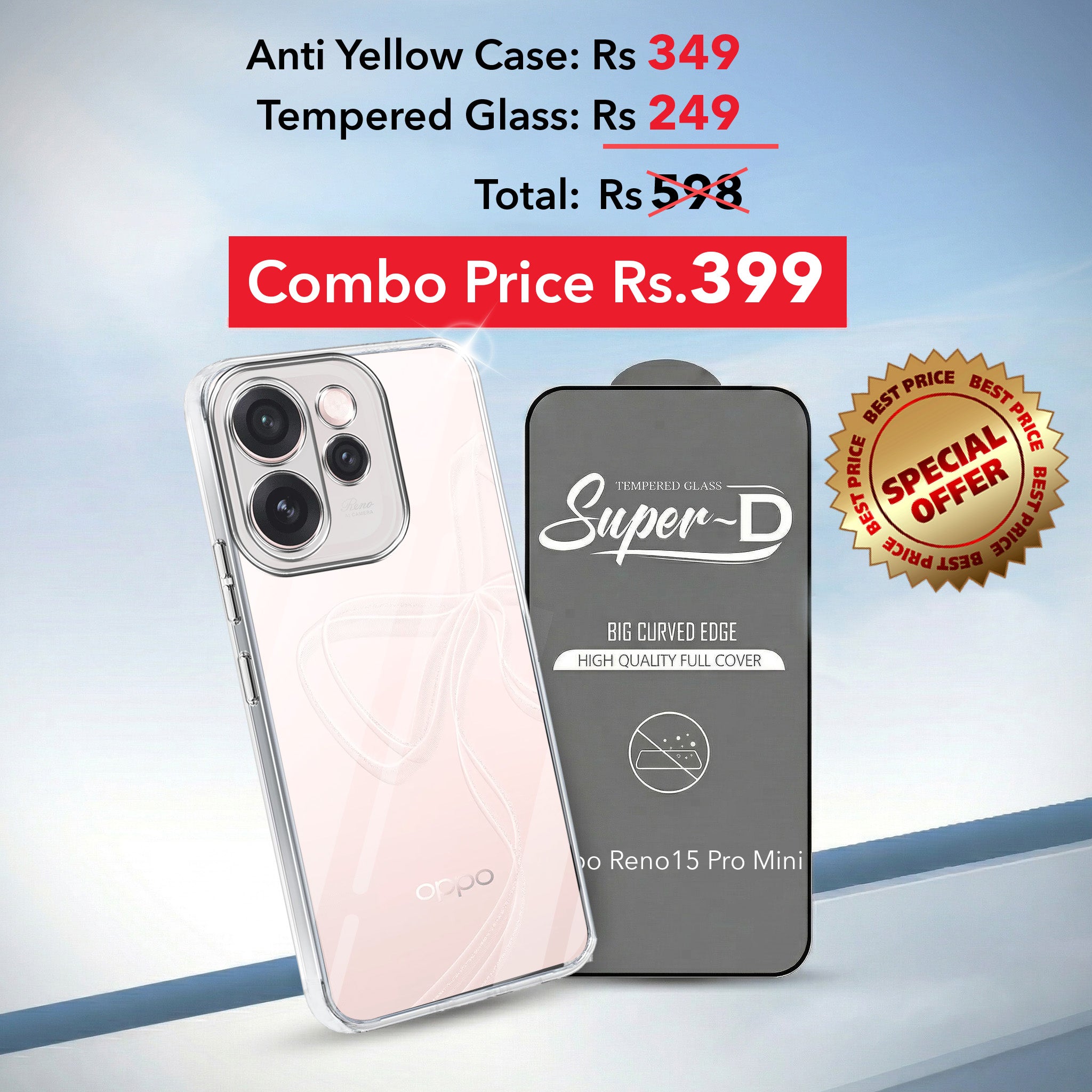 For Oppo Reno15 Pro Mini 5G | Oppo Reno 15 Pro Mini 5G Combo with Back Cover and 9H Tempered Glass (Lifetime Anti-Yellow | Sleek Hard Crystal | Oleophobic Coating Screen Glass)