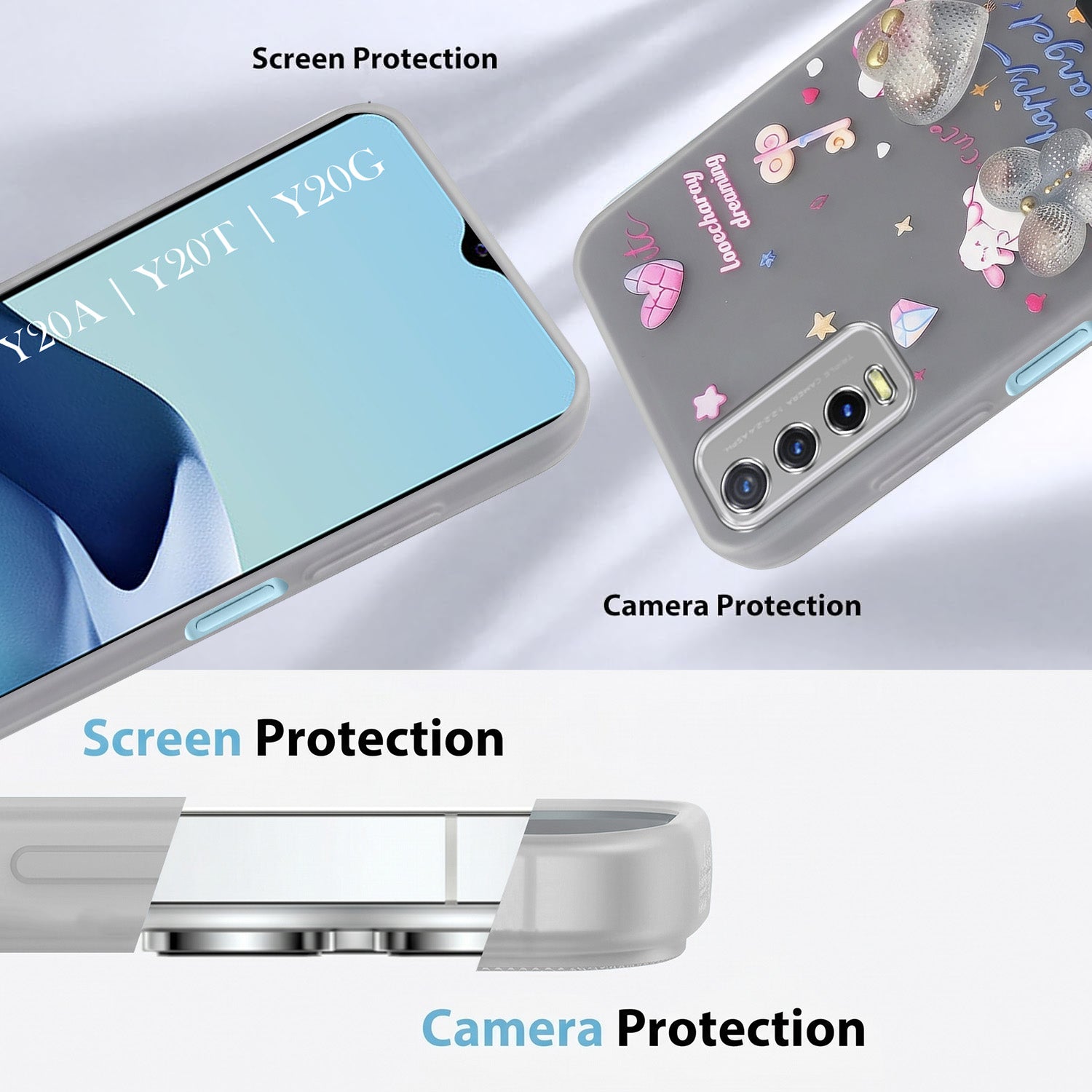 For Vivo Y20A | Y20T | Y20G Back Cover Case (3D Cute Heart Strap Holder | Camera Protection | Designer Girls Print)
