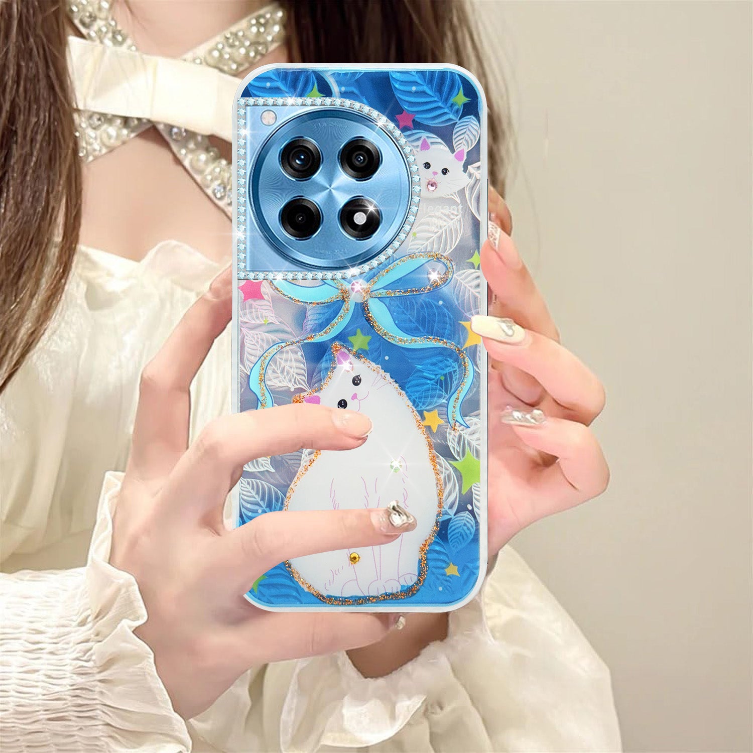 For OnePlus 12R 5G Back Cover Case (Luxury Floral Glitter Cute Butterfly | Diamond Studded Camera Bump | Girls & Women Design)