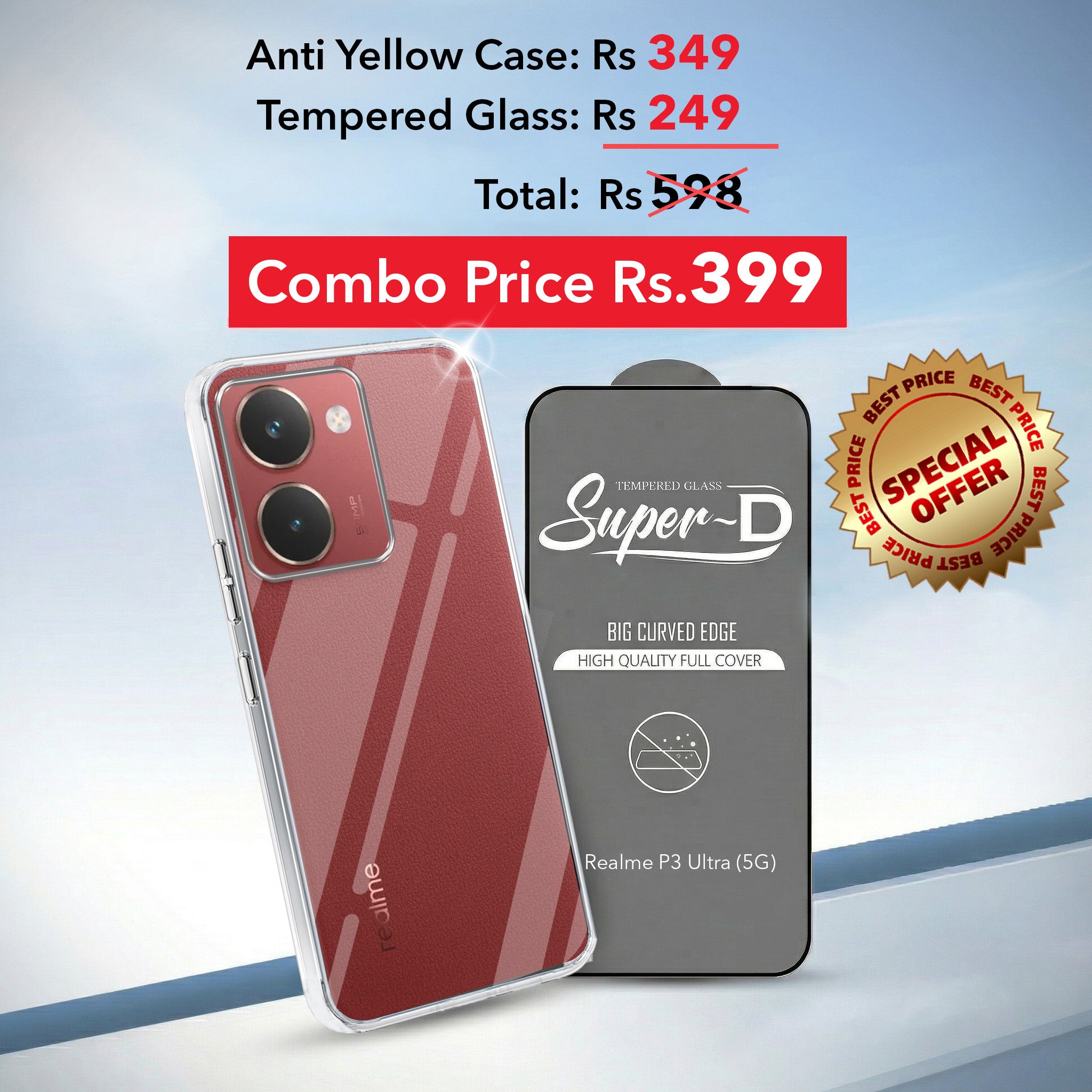For Realme P3 Ultra Combo with Back Cover and 9H Tempered Glass (Lifetime Anti-Yellow | Sleek Hard Crystal | Oleophobic Coating Screen Glass)